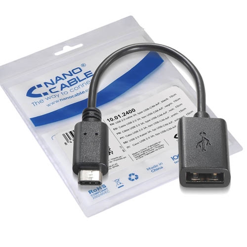 Nanocable - cable usb 2.0 3a usb-c/m-a/f 15cm negro otg (on the go)