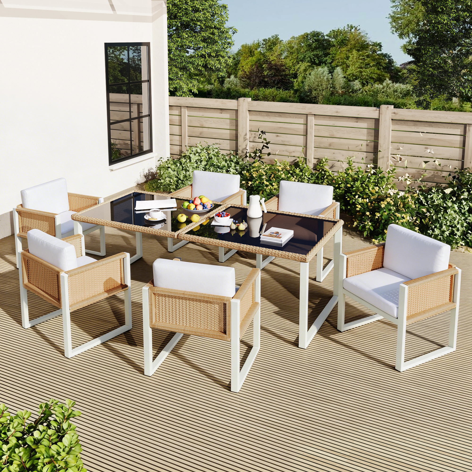 Ensemble repas de jardin 6 personnes en polyrotin marron et blanc avec table en verre trempé, fauteuils et coussins lavables