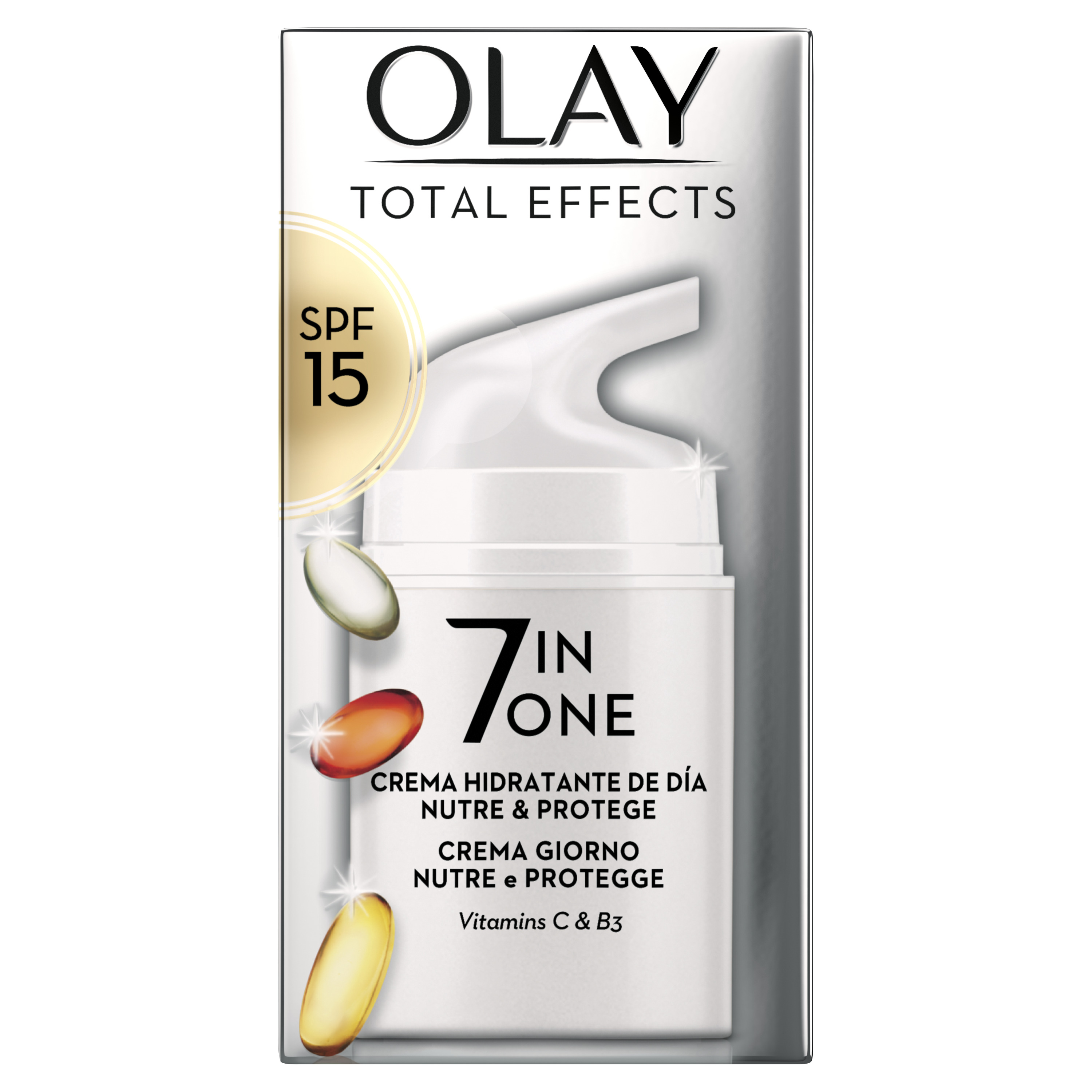 Olay Total Effects 7en1 Hidratante Multibeneficios Anti-Edad De Día SPF 15, Con Niacinamida, Vitamina C, E Y Pro-Vitamina B5, Combate Los 7 Signos De La Edad, Nutre Y Protege Tu Piel, 50 ml