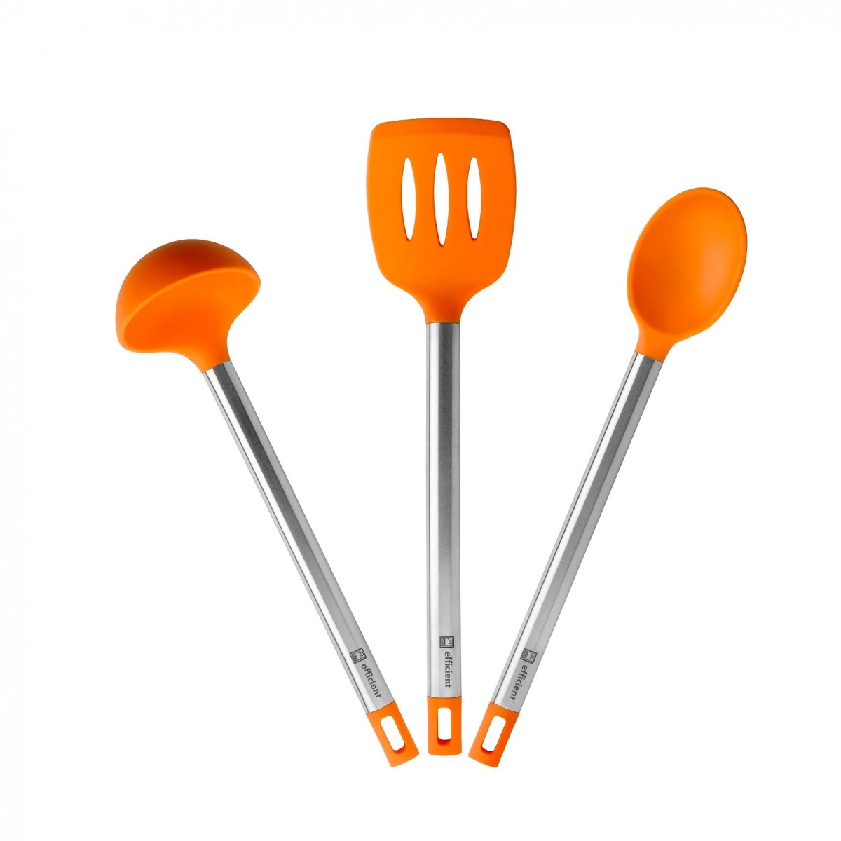 Bra - Set Juego 3 Utensilios Cocina Efficient, 36.5 cm, Espátula, Cuchara, Cazo, Acero Inoxidable, Silicona Naranja
