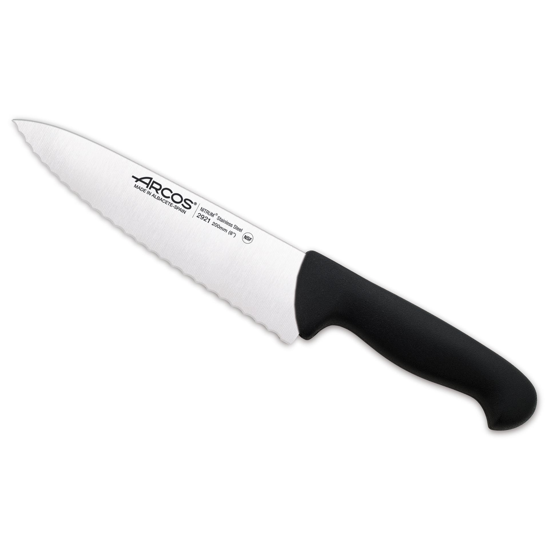 Arcos Cuchillo Cocinero Profesional - Hoja Serrada de Acero Inoxidable NITRUM 200 mm - Mango Polipropileno Negro - Durabilidad y Corte Preciso - Serie 2900