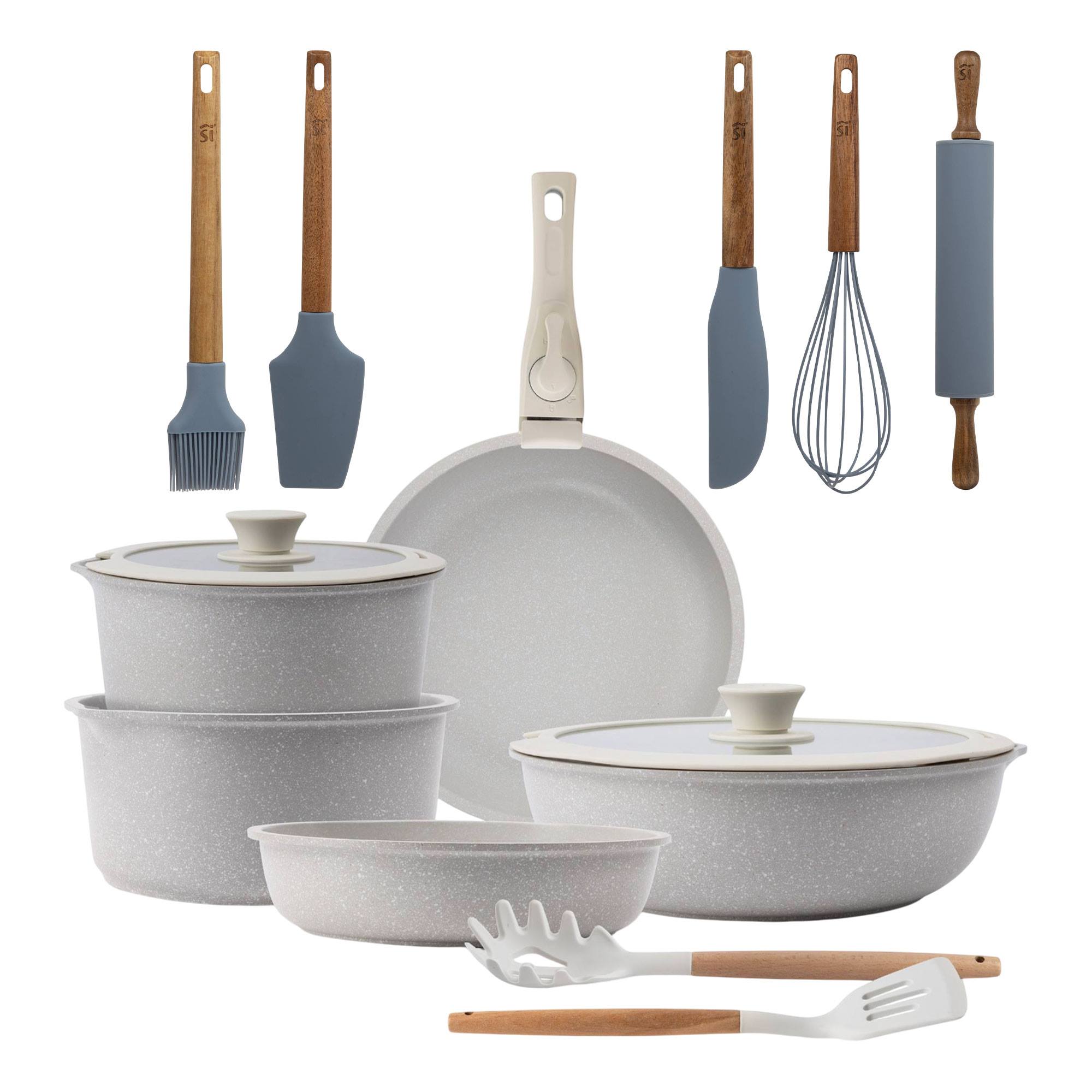 Batería de cocina 10 Pzs Beige/Mango extraíble,3 Sartenes,2 Cazos,Tapas y Utensilios+Delantal de Cocina Gris oscuro 100% Algodón 75x80cm