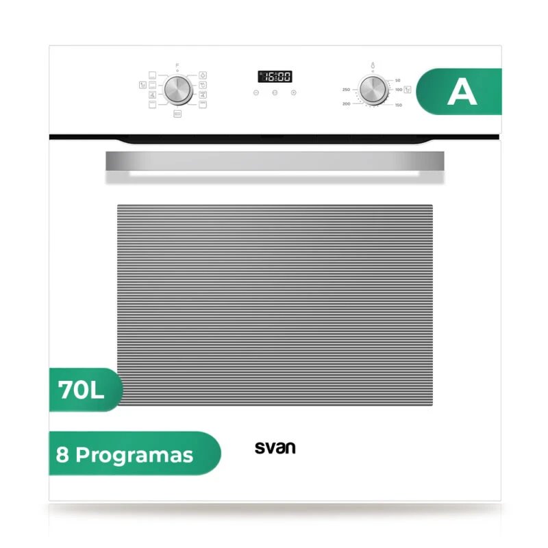 Svan - Horno de encastre multifunción SHM8700DCB con limpieza catalítica, 70 L, cristal blanco, clase energética A+, ideal para cocina integrada estándar