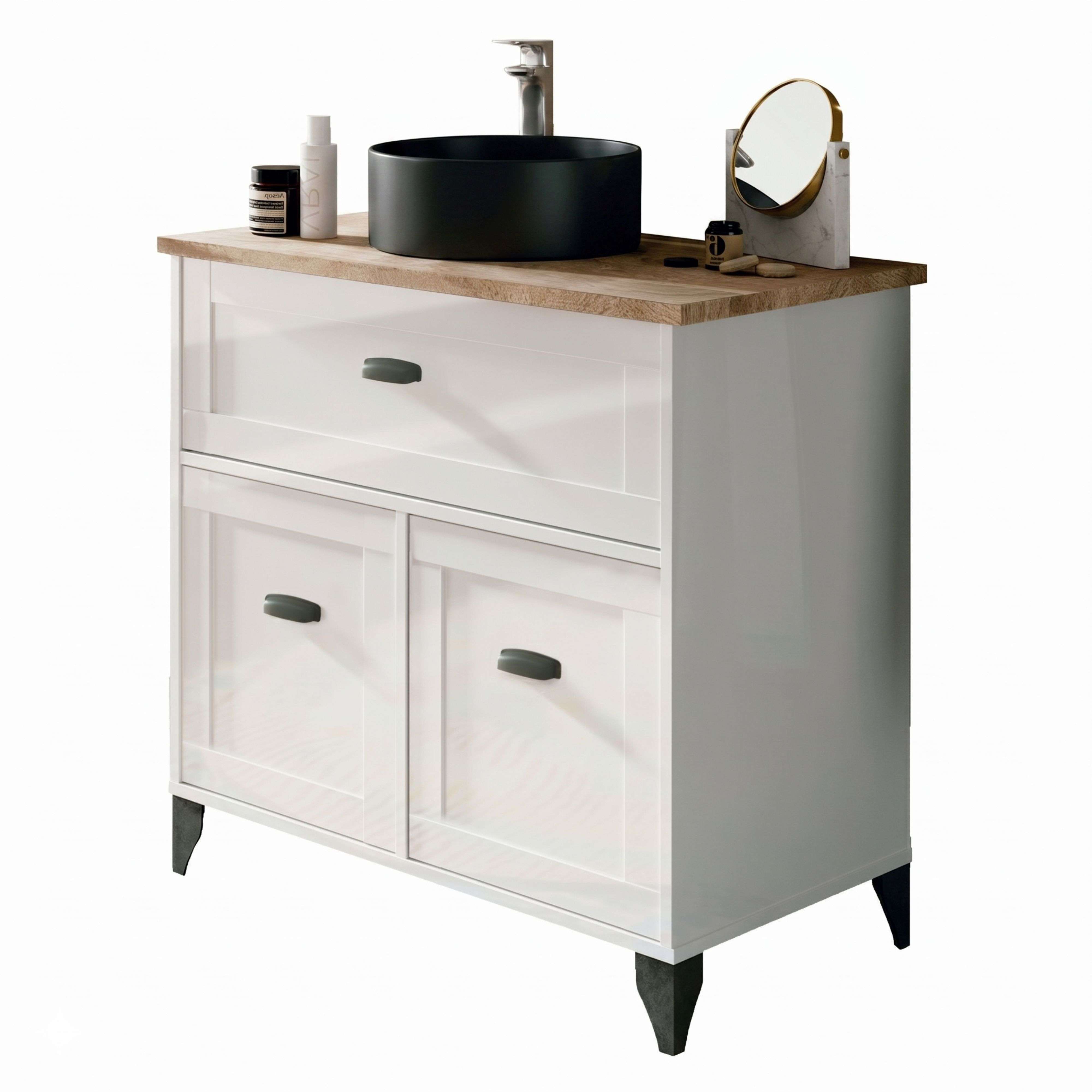 Miroytengo Mueble de Baño Siena con 1 Cajón y 2 Puertas Blanco Soft y Roble Cambrian (Con Lavabo Cerámico)