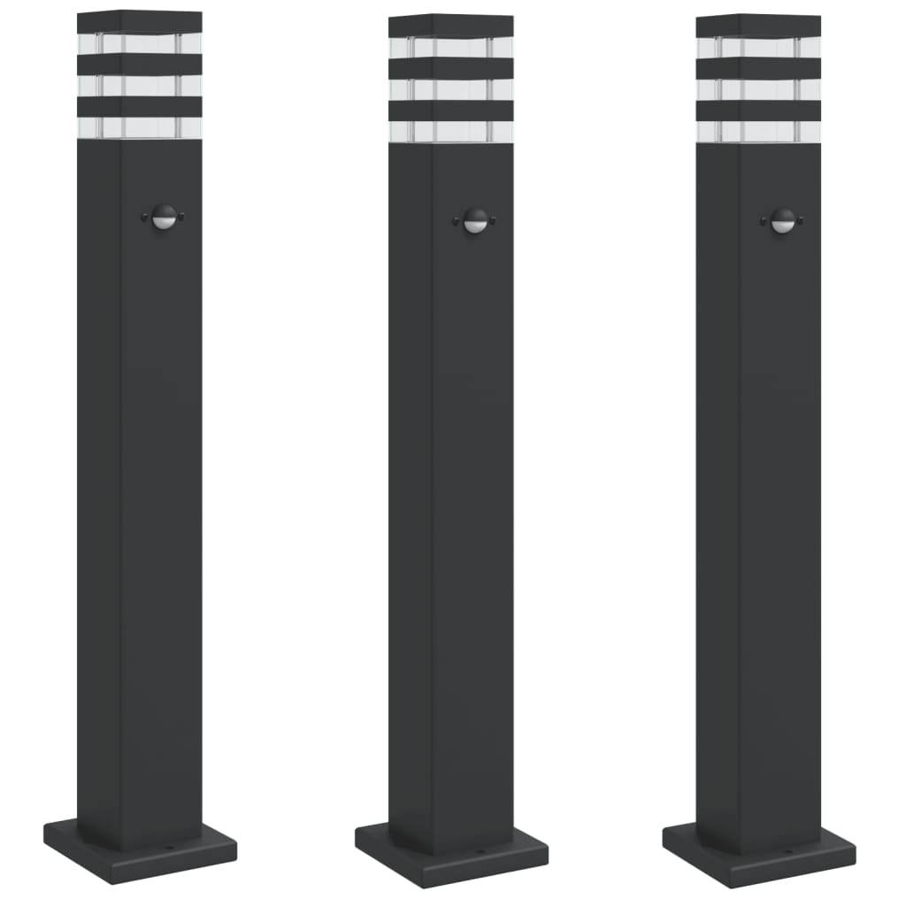 vidaXL Lámparas suelo exterior con sensor (3 unidades) aluminio negro Dimensiones 50 cm, 80 cm, 110 cm