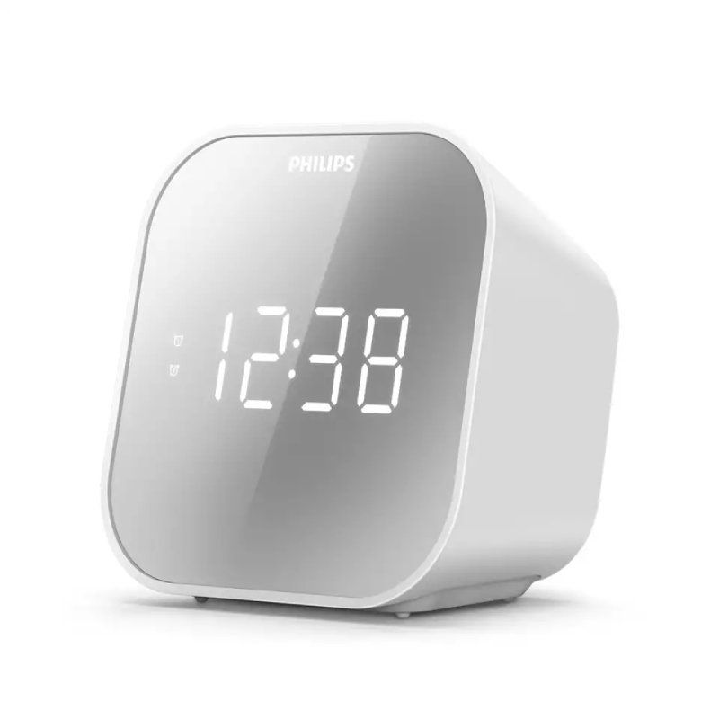 TAR4406/12 Despertador Philips Radio, con Pantalla de Espejo para la cabecera, Radio Digital con Doble Alarma, Temporizador para Dormir y función de repetición, batería portátil de Reserva, con USB