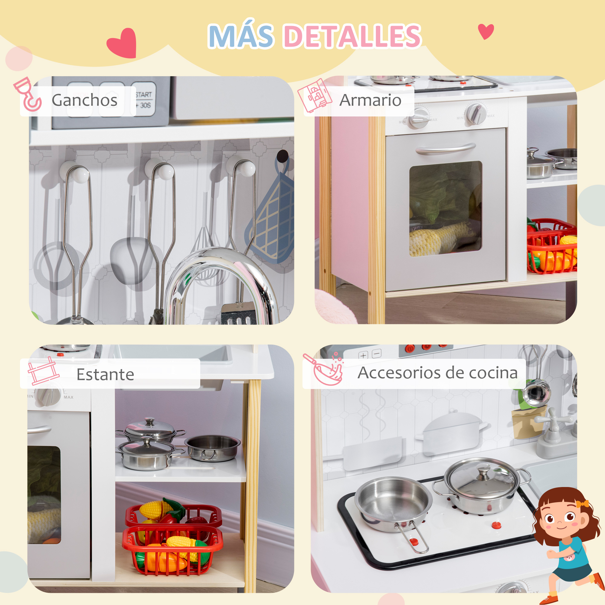 HOMCOM Cocina de Juguete de Madera para Niños de +3 Años con Sonidos 14  Accesorios Cocinita Infantil con Teléfono Fregadero Extraíble Microondas y  Grifo 82x65x87 cm Blanco