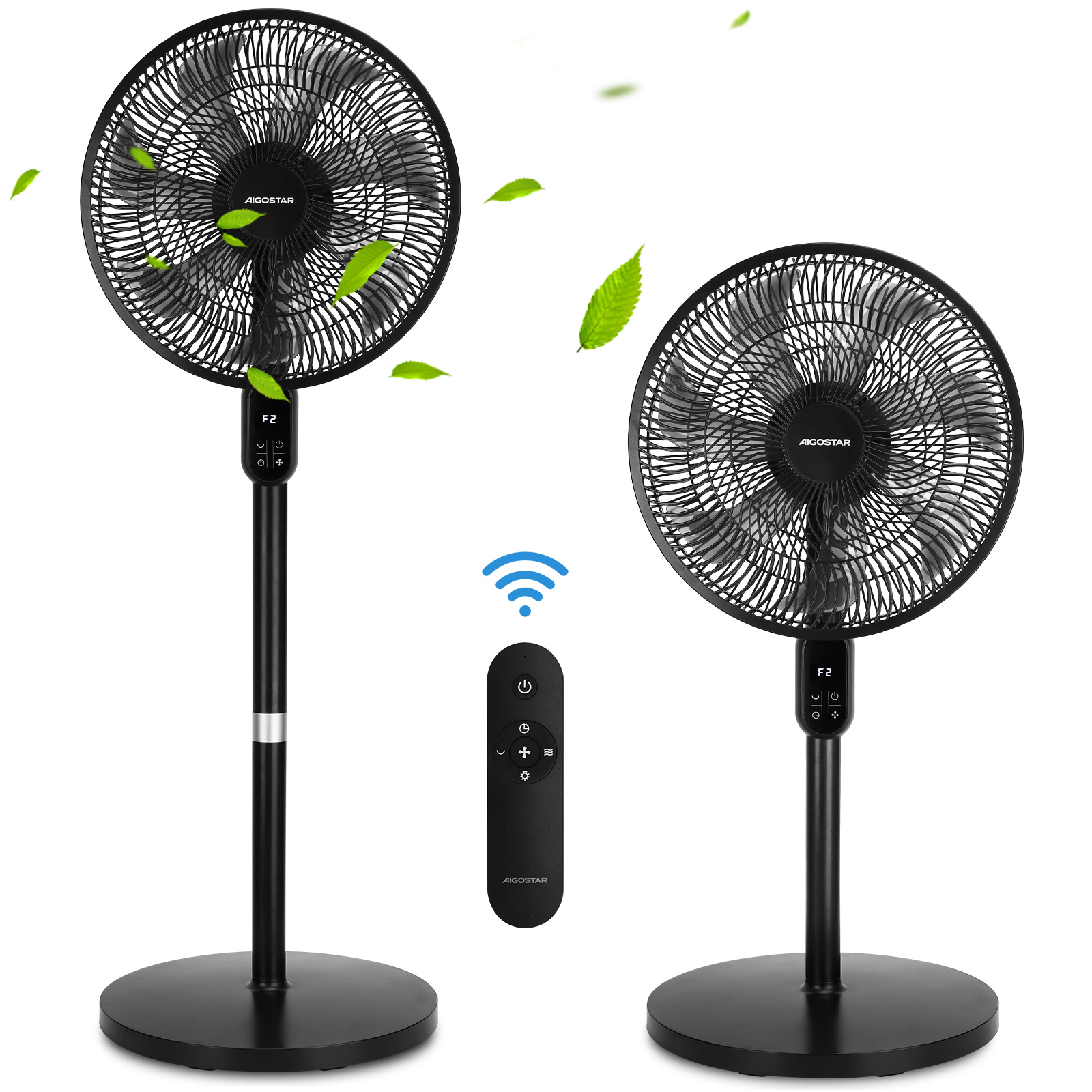 Aigostar Ventilador de Pie Silencioso – oscilación de 120°, 7 aspas, mando a distancia, pantalla táctil, temporizador de 12 h, 3 velocidades y 3 modos. Altura regulable: 90 cm (modo sobremesa) o 125 cm (modo pie).