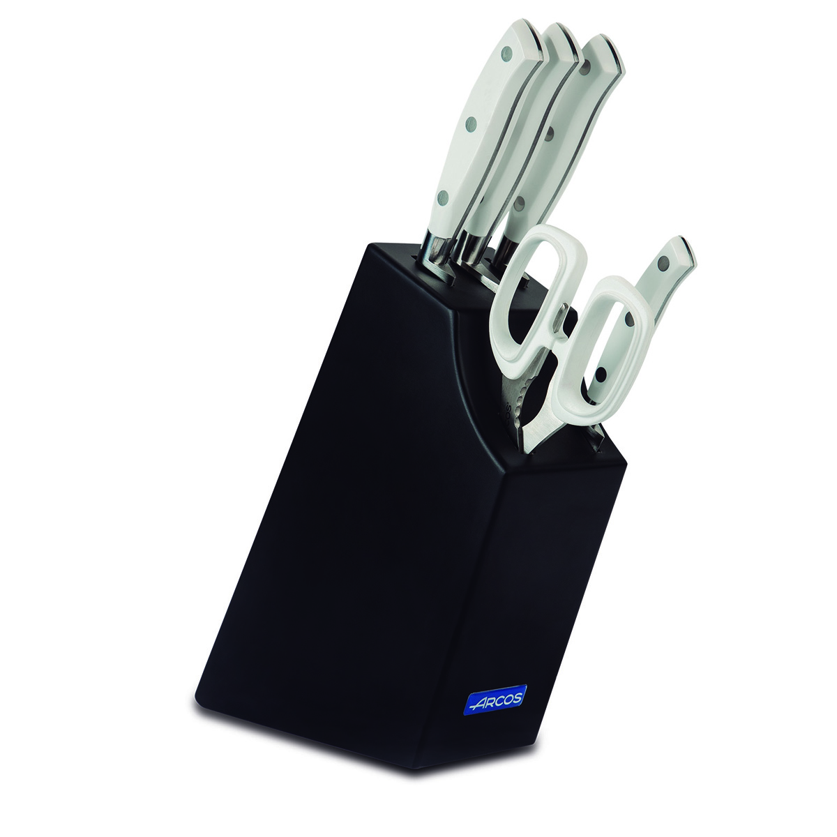 Arcos Riviera Blanc 234524 - Juego de Cuchillos de Cocina de 5 Piezas con Taco de Madera y Tijera de Cocina