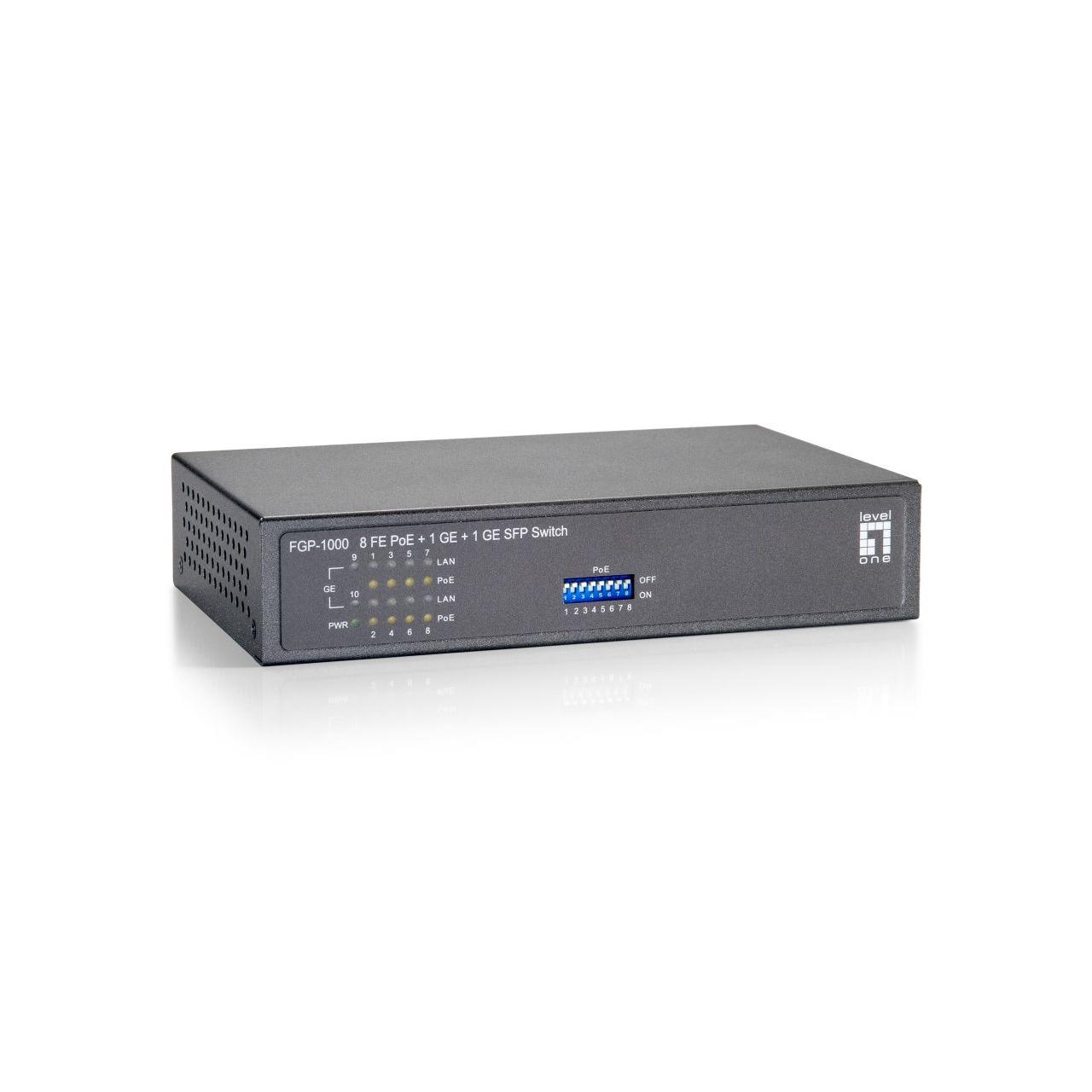 HUB SWITCH PUERTOS 8 LEVELONE LO FGP-1000 | FAST ETHERNET 10/100 MBPS PARA LOS PUERTOS DE ACCESO; GIGABIT (1000BASE-T/SFP) PARA ENLACE ASCENDENTE, NEGRO, GRIS