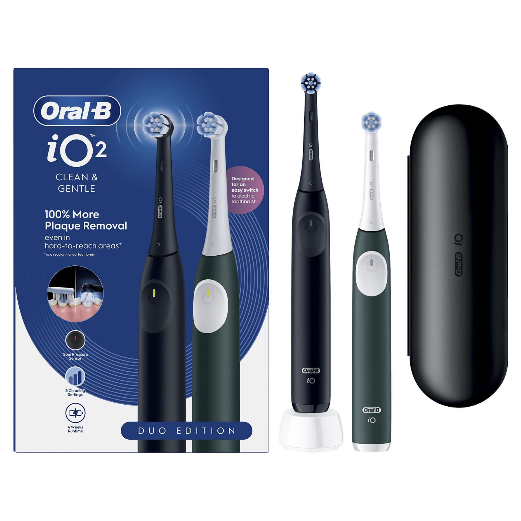 Oral-B iO 2 Cepillo de Dientes Eléctrico en varios colores; Verde y Negro. incluye 1 Cabezal, 1 Estuche De Viaje y1 Portarrecambios, 3 Modos De Cepillado, Sensor De Presión y Temporizador, Diseñado por Braun