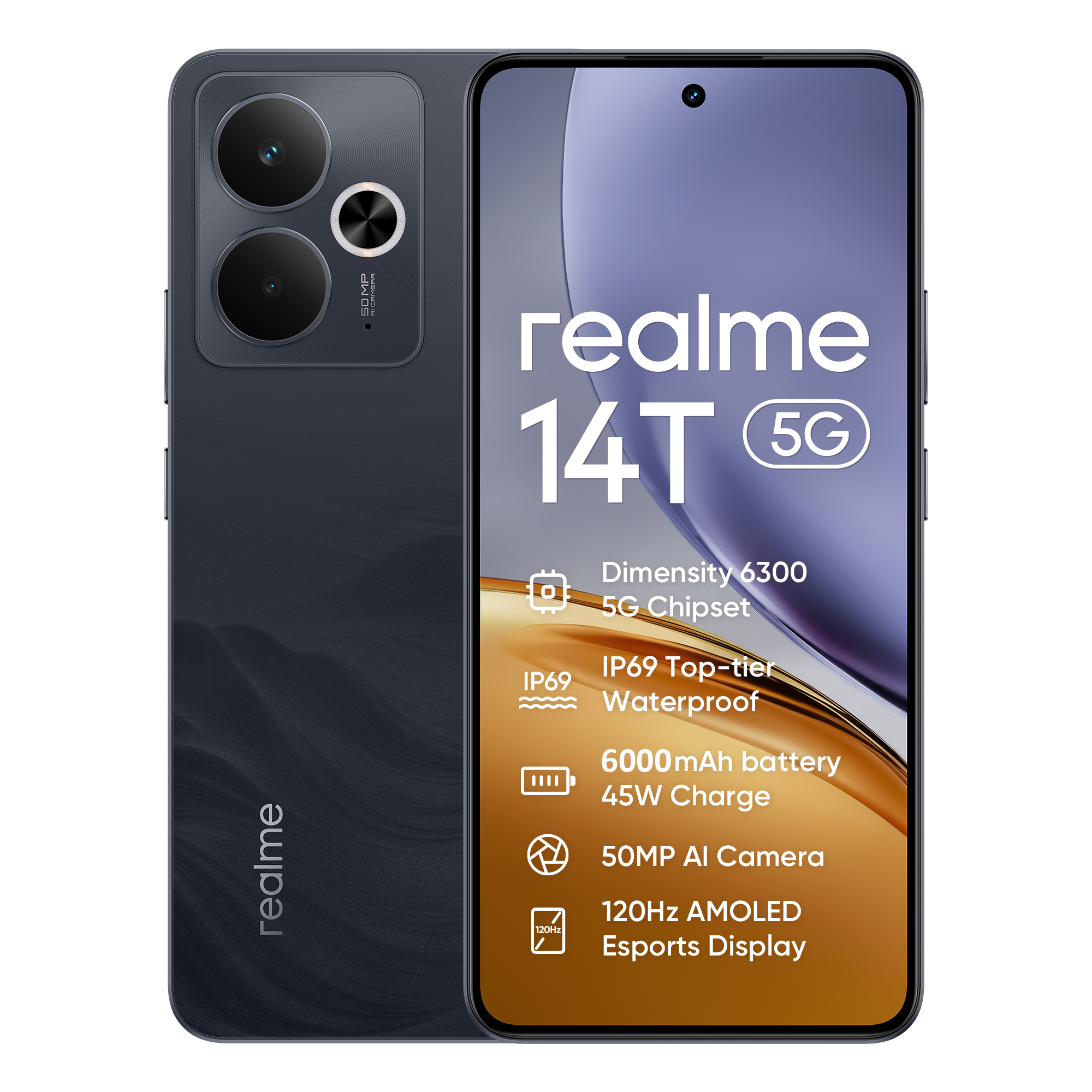 Teléfono - realme 14T 5G ,Versión europea, 8GB+256GB, Batería de 6000mAh Carga de 45W, IP69 impermeable de primer nivel, MediaTek Dimensity 6300 5G, Cámara AI de 50MP, Pantalla Esports AMOLED 120Hz, Smartphone
