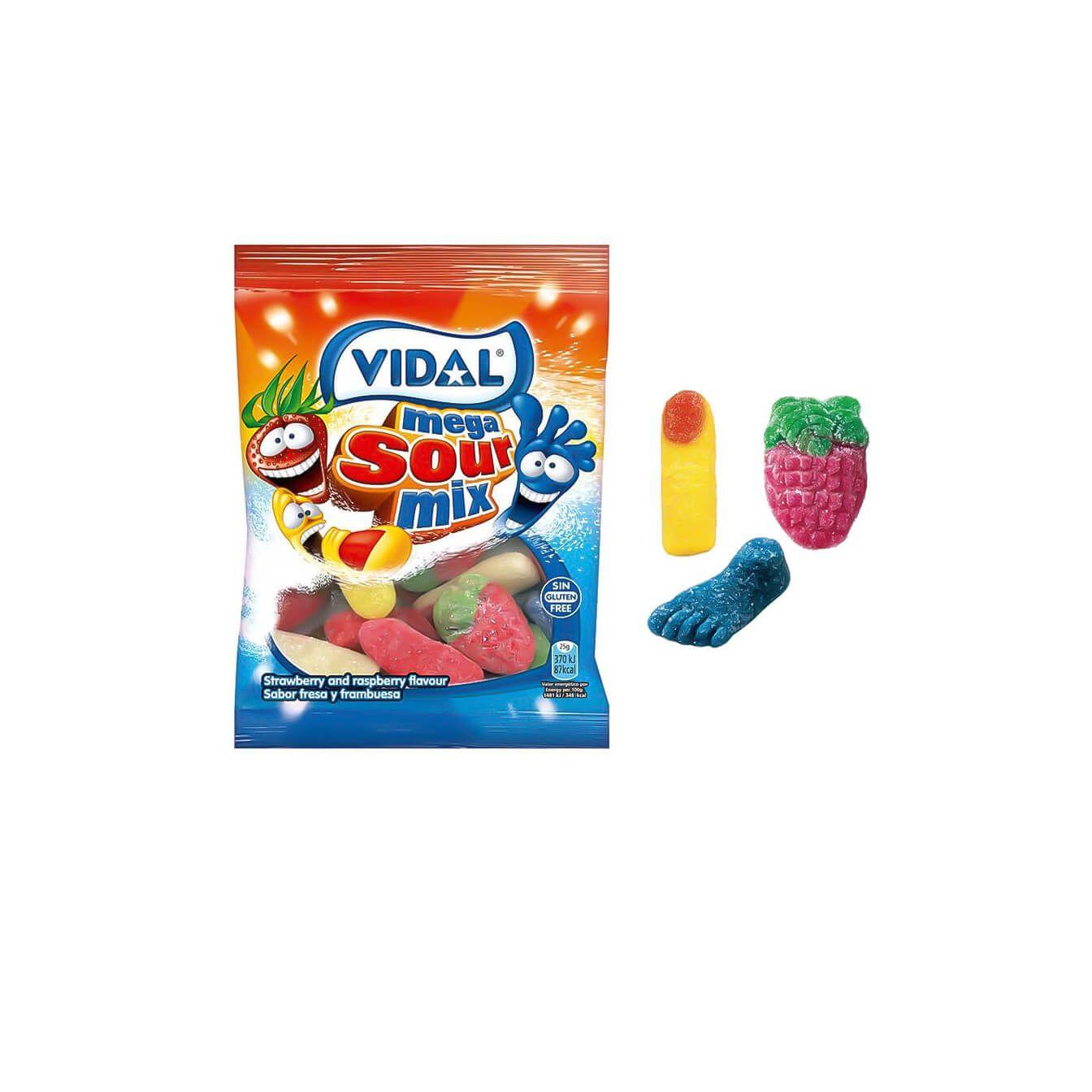Golosinas de Vidal Megasurtido Ácido 14 bolsas de 90 g - Megasurtido ácido compuesto por fresas, dedos y pies. Todo un mix de clásicos recogidos en una única bolsa. Predominan el sabor fresa y frambuesa - Sin gluten y sin grasa
