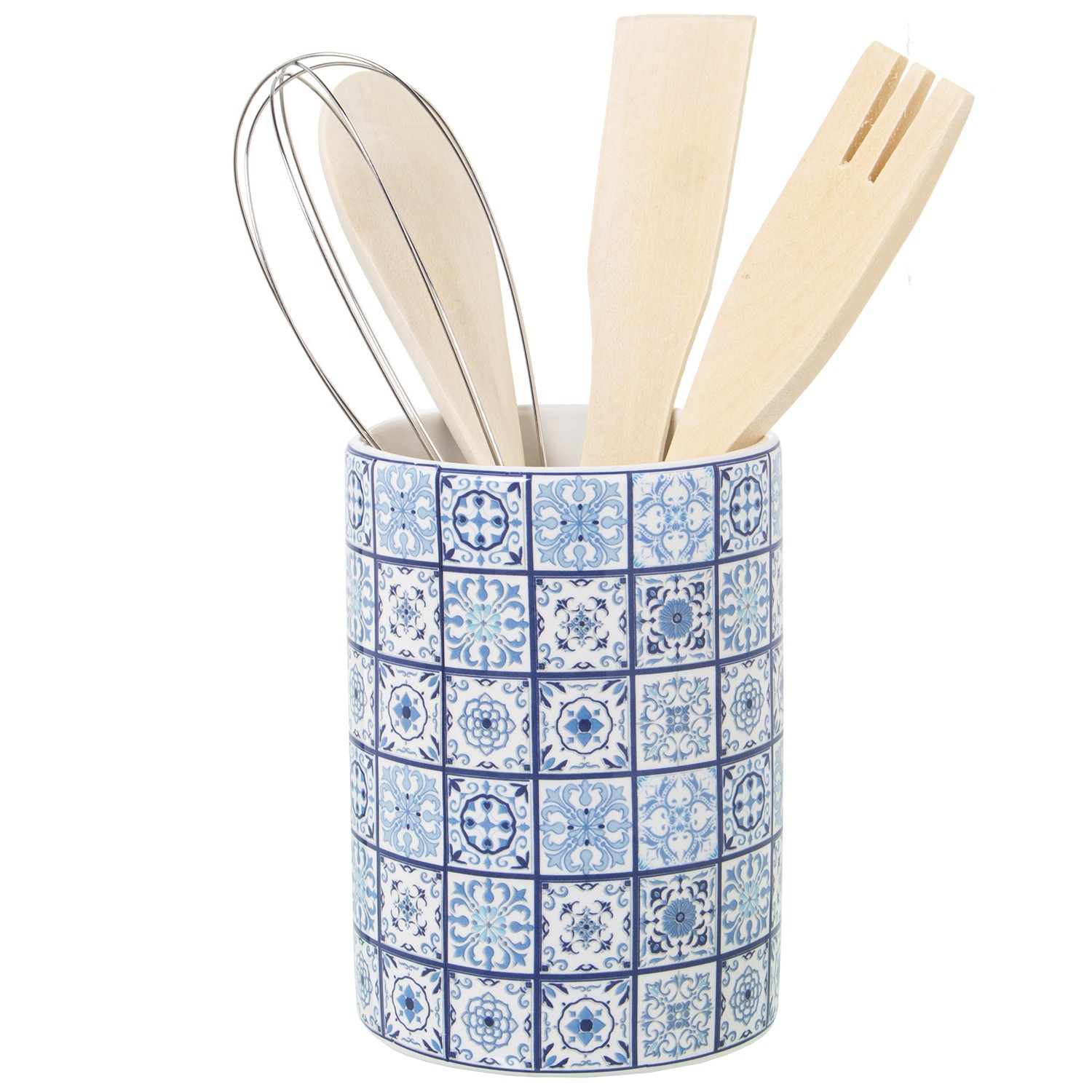 DRW Portautensilios de cerámica con Utensilios Mosaico Azul 11x23cm