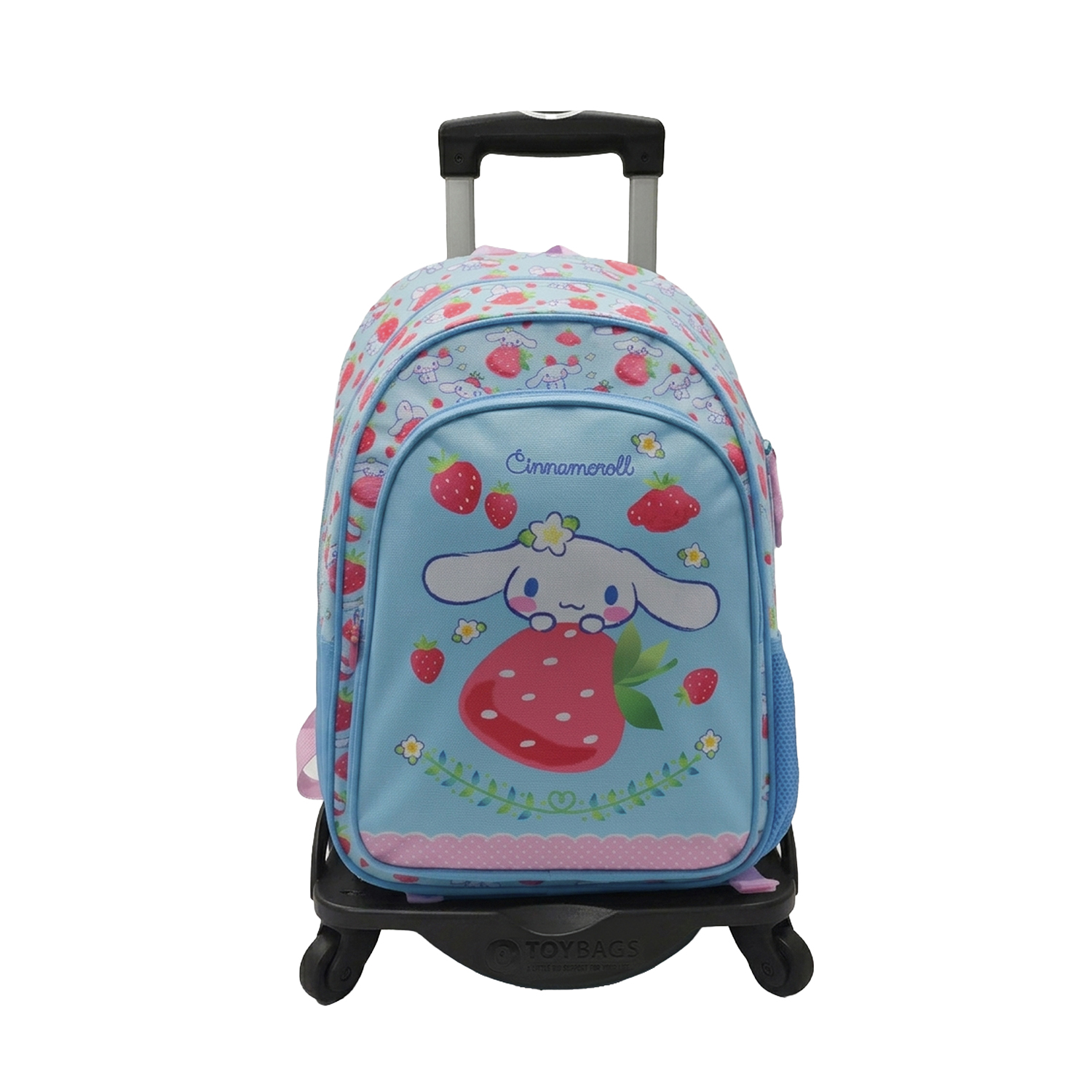 Mochila Primaria Cinnamoroll doble compartimento + carro con protección lateral y stoper frontal, 4 ruedas multidireccionales.