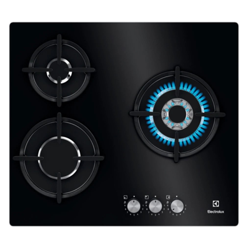 Placa a Gas 60cm ELECTROLUX KGE6633NOK  | 3 Zonas, Gas, Negro, Superficie Gas on glass, Fuego 12cm, 7900W