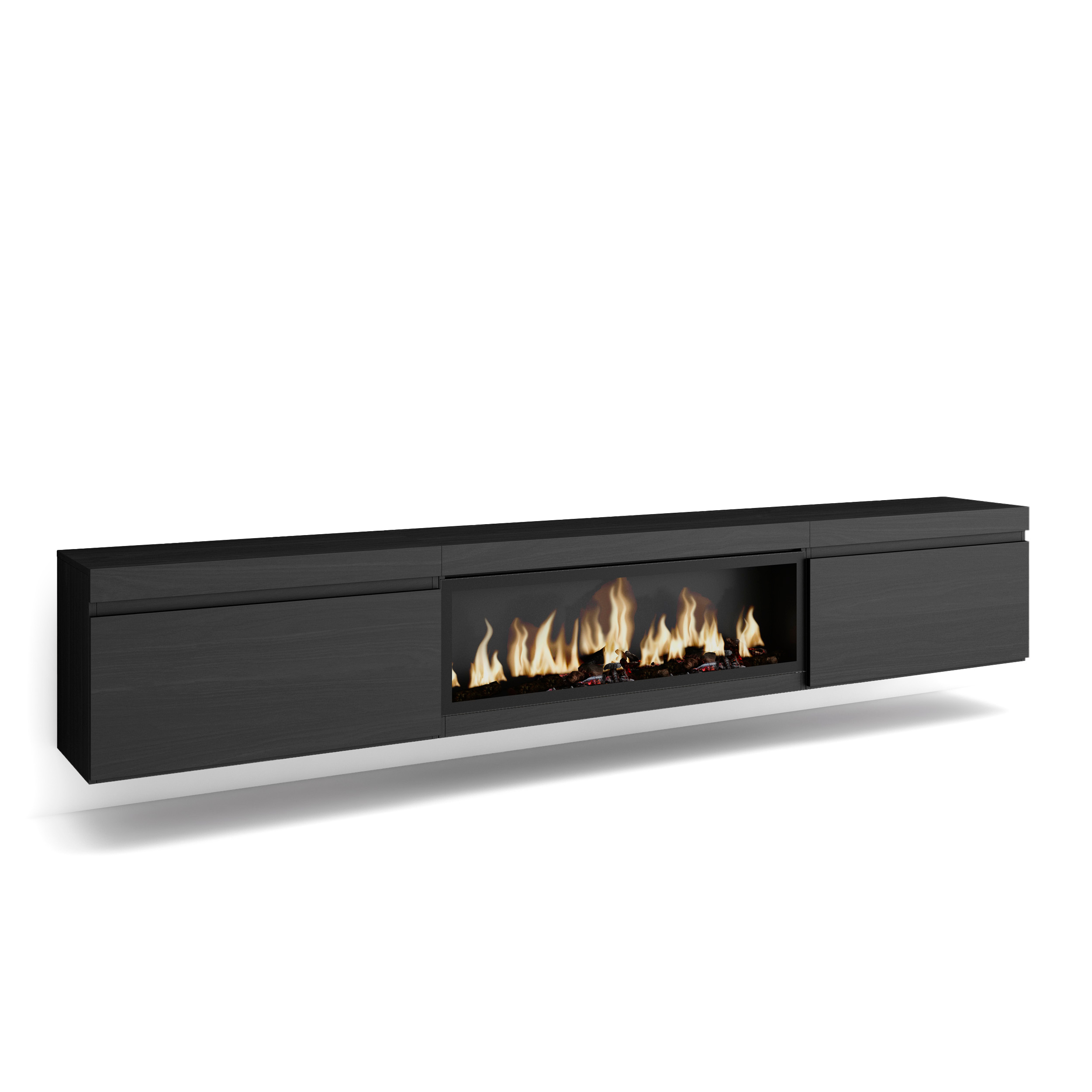 Skraut Home, Mueble TV, Muebles de salón con dos puertas para almacenaje, 267x35x45cm, Chimenea eléctrica XXL led efecto fuego 3d, Colgado