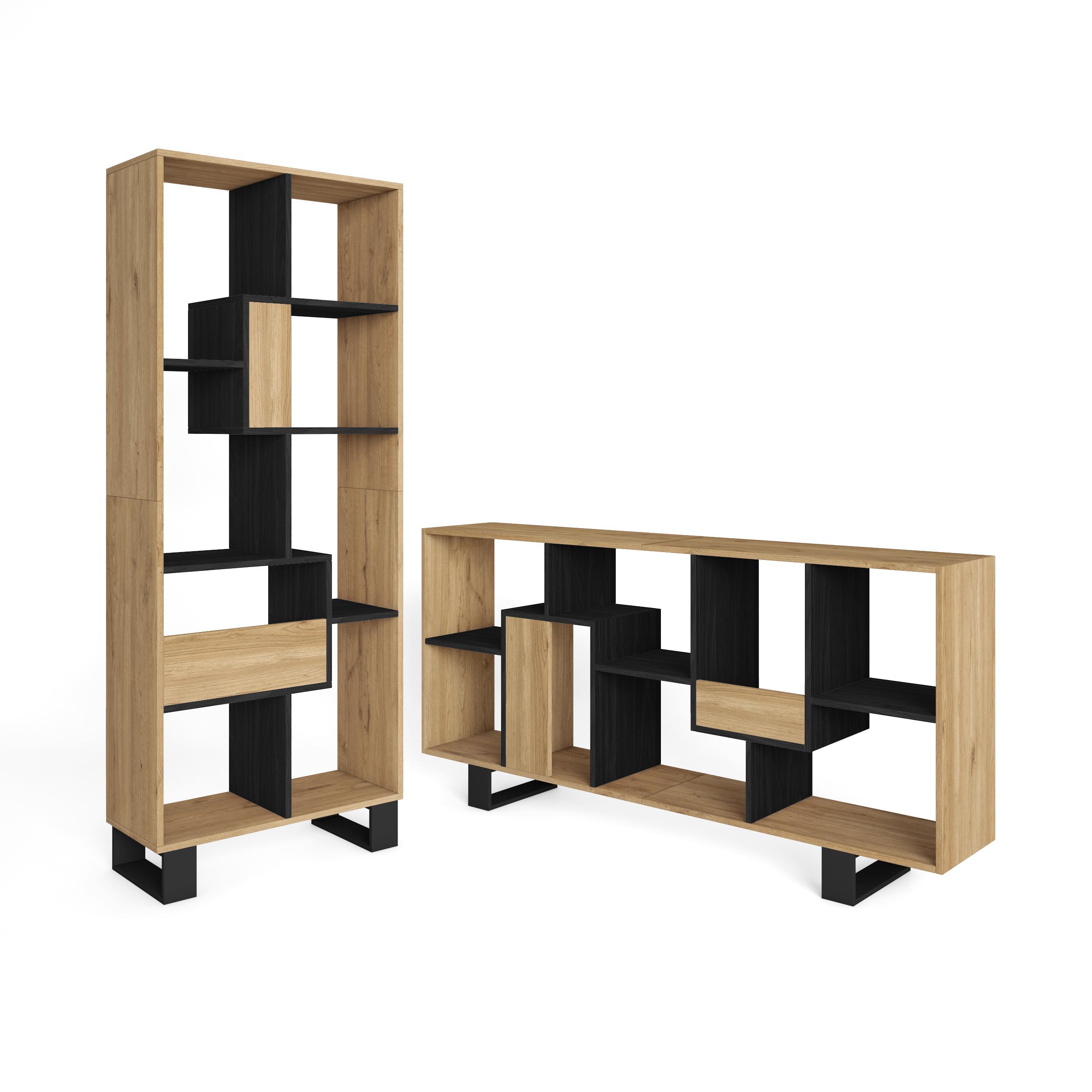 Skraut Home - Librería estantería - Estanteria libros de pared - 67x31x174cm - Diseño industrial - Estilo Moderno - Roble y negro