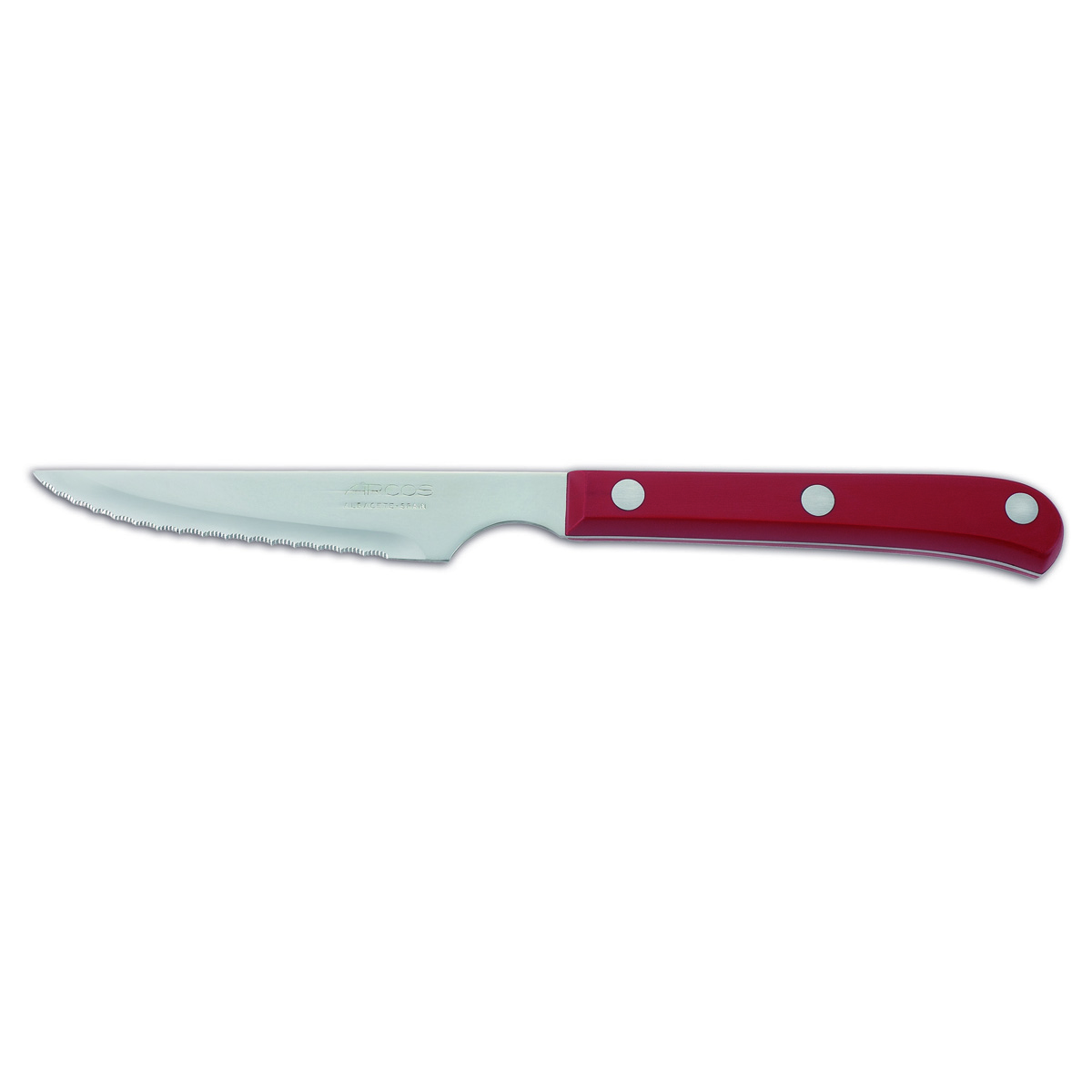 Cuchillo chuletero Arcos de Mesa 374822 monoblock de una pieza de acero inoxidable, mango color rojo y hoja de 11 cm en caja