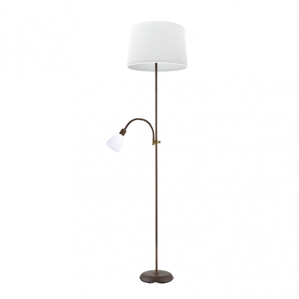 Pie de salon rilon 1xe27+1xe14 c/lector marron  pantalla blanca 175,5x40x40 cm