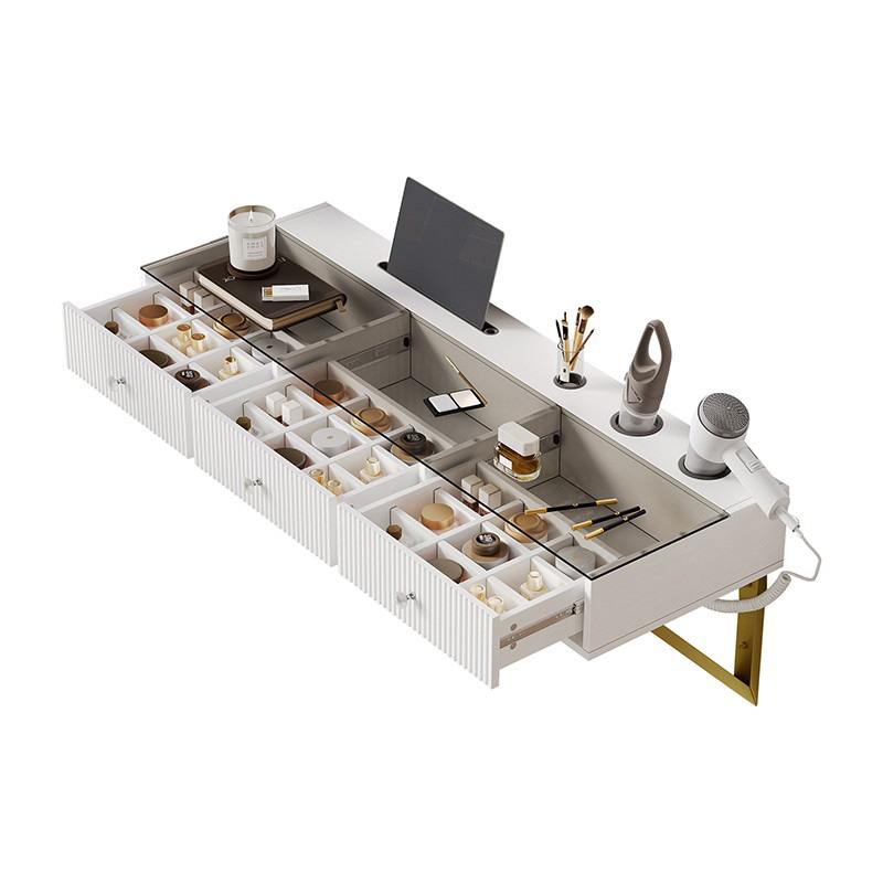 Coiffeuse blanche 120 cm avec plateau en verre, trois tiroirs, support tablette et porte-gobelet
