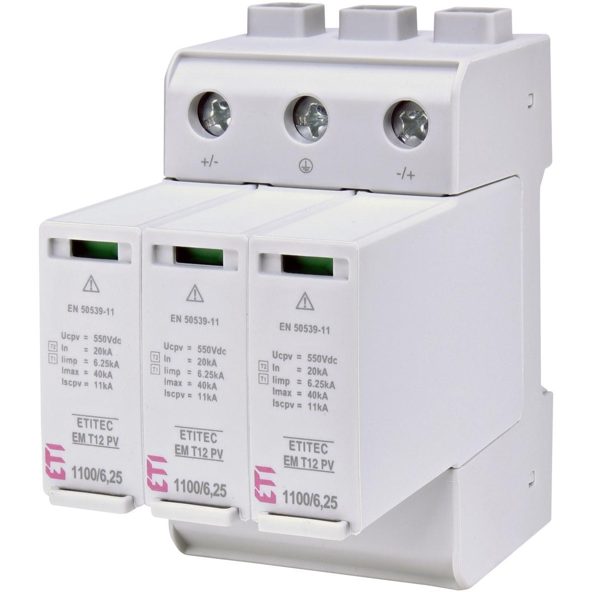 Descargador de sobretensiones T1 T2 (B y C) para sistemas fotovoltaicos ETITEC EM T12 PV 1100/6.25 Y