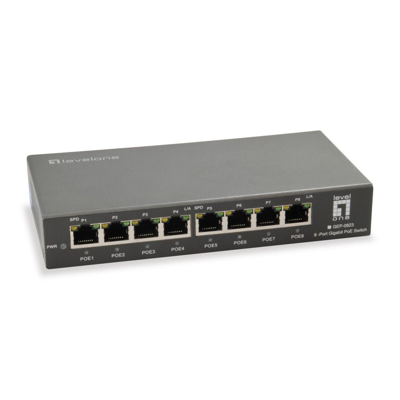 HUB Switch puertos 8 puertos 10/100/1000 LEVELONE GEP-0823  | Gigabit Ethernet (10/100/1000), Negro