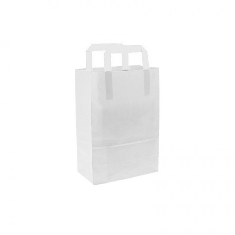 250 Uds. Bolsa de papel blanca pequeña con asa plana (20+10x28cm) | Ref: BP21BCO