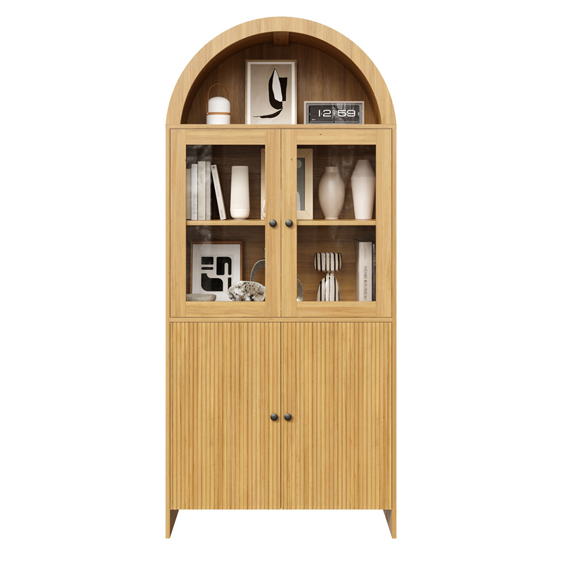 Buffet vitrine couleur naturelle avec sommet arrondi, portes vitrées et rangement inférieur texturé