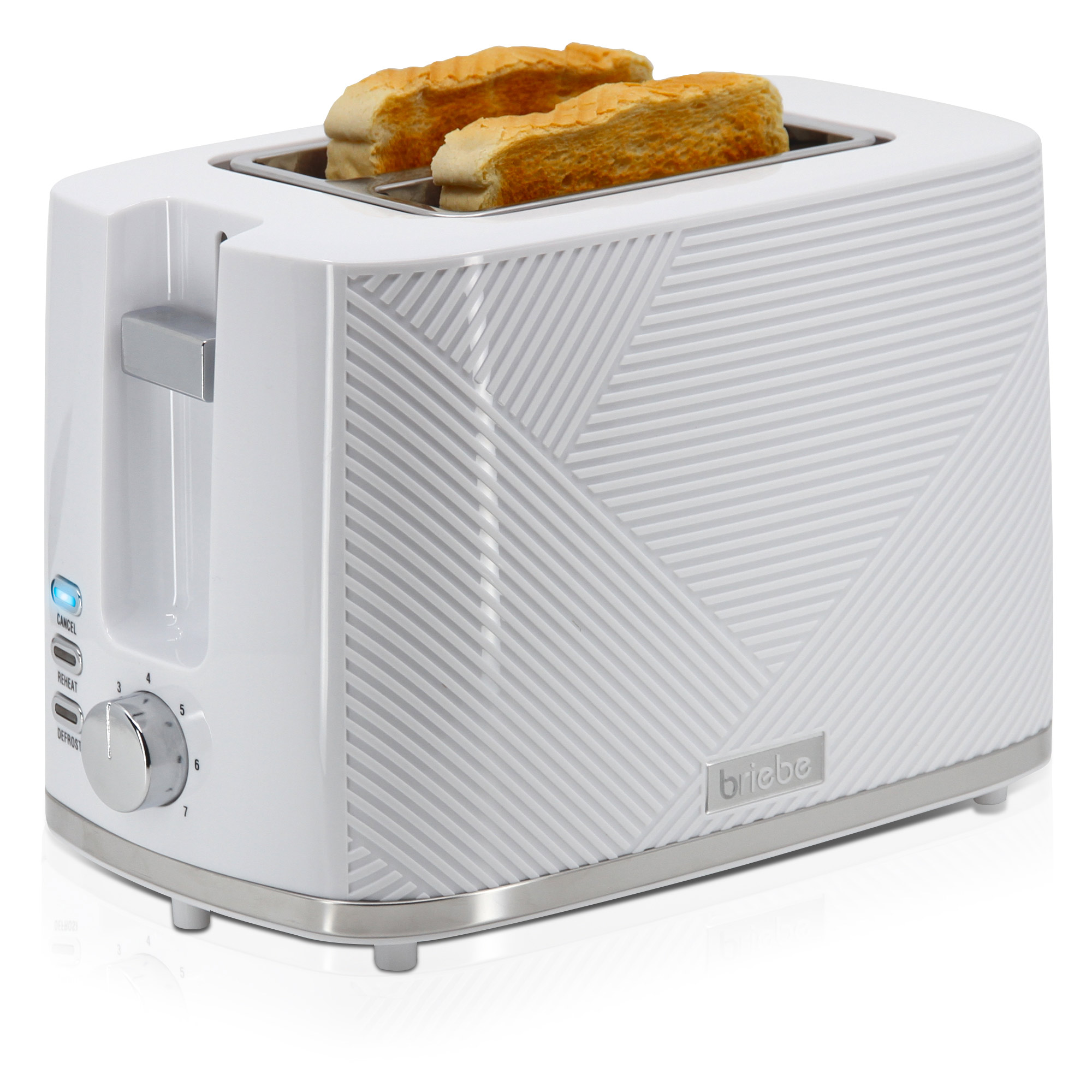 Briebe TA1169WHT Elegance Tostadora Pan Ranura Ancha, Tostador 2 Rebanadas 7 Niveles Tostado, Calientapanecillos, 870W, Blanco