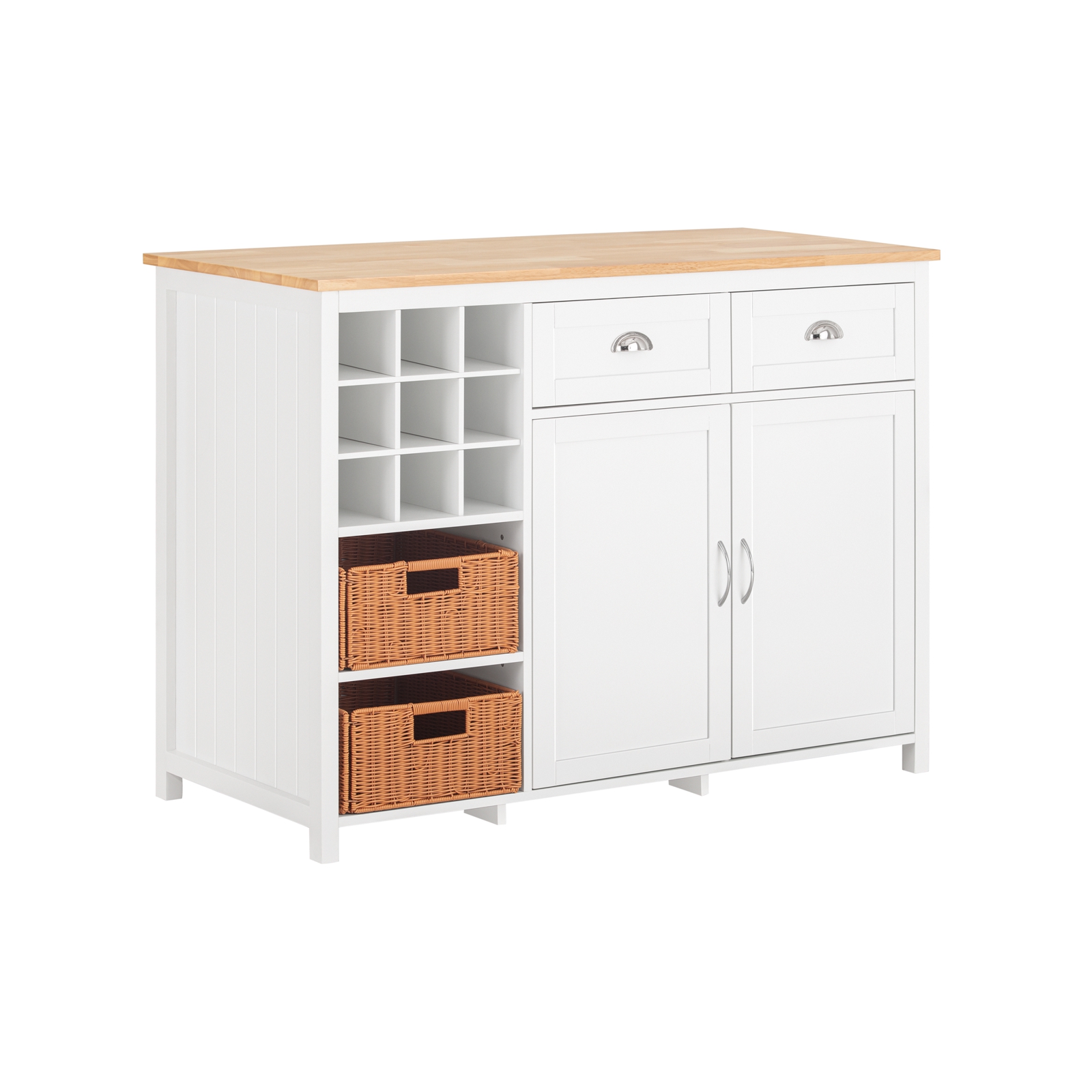 SoBuy KNL05-W Isla de Cocina con 2 Cestas de Ratán Aparador de Almacenamiento con Encimera Armario de Cocina Mltifuncional con 2 Puertas y 2 Cajones 120 x 56 x 90 cm Blanco ES