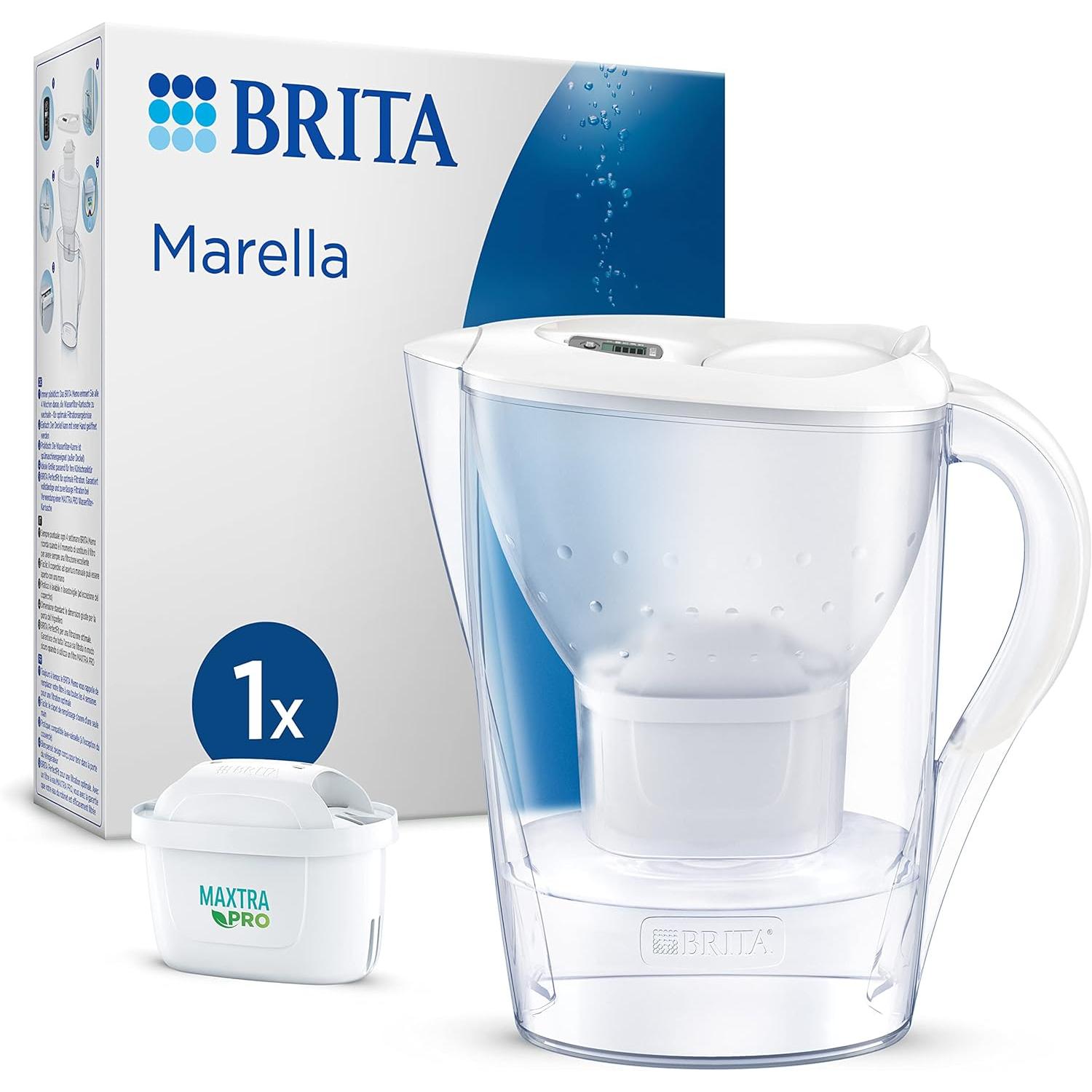 BRITA Jarra Filtrante, Modelo Marella Blanca + 1 Filtro MAXTRA PRO | Capacidad 2,4L | 150L agua filtrada | Sin BPA | Apta lavavajillas | Indicador Memo | Reduce cal, cloro y metales | Diseño sostenible