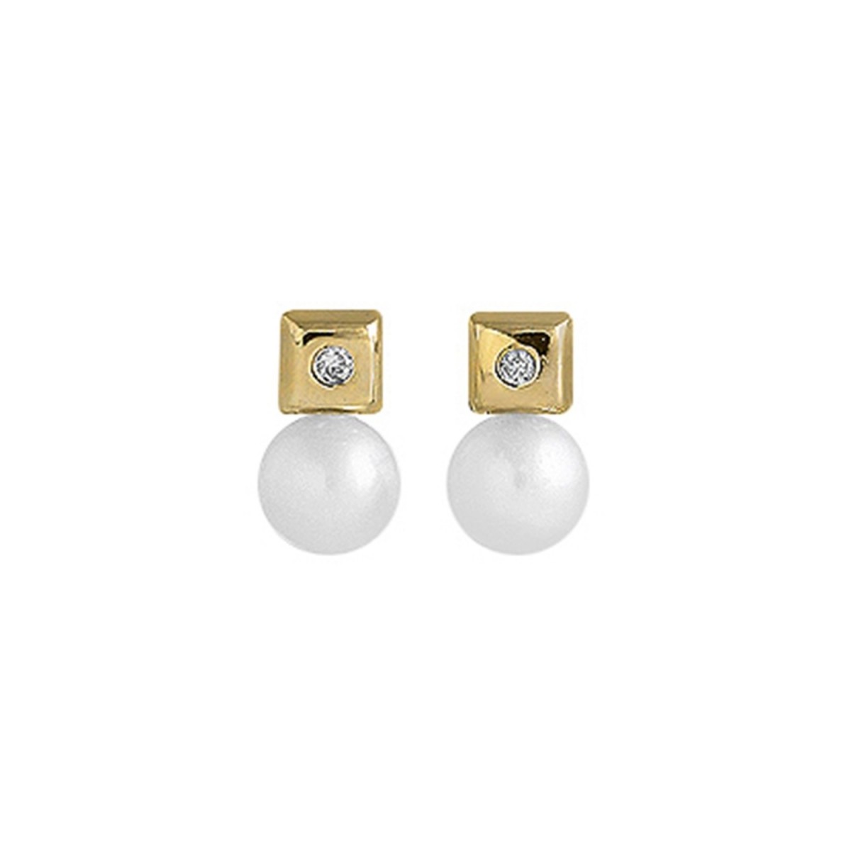Pendientes oro 18k mujer 9 mm. forma cuadrada diamantes 0.02ct. combinados perlas cultivadas 5 mm.