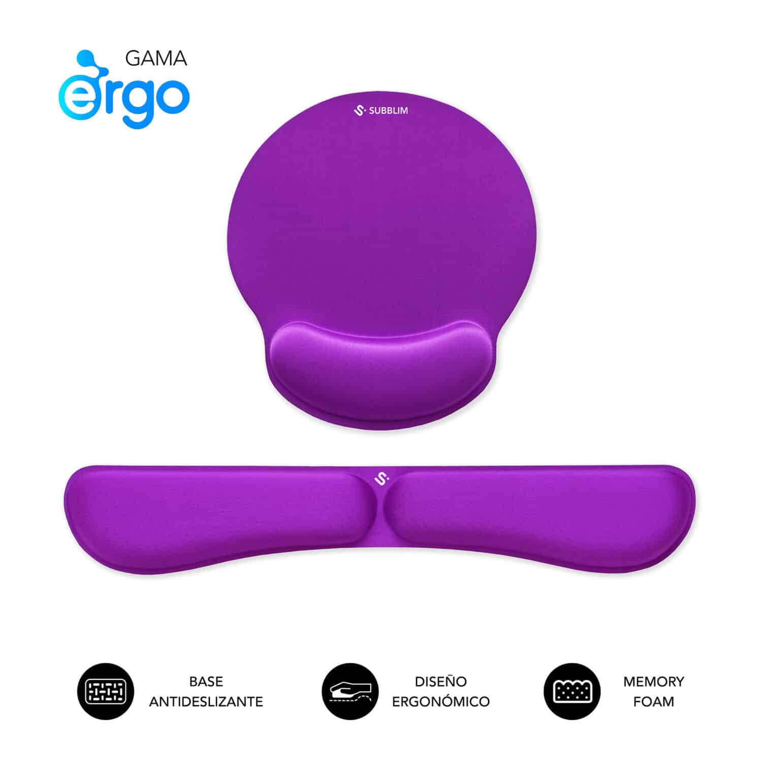 SUBBLIM Pack reposamuñecas Ergo Memoryflex Conjunto para Ratón y Teclado Púrpura