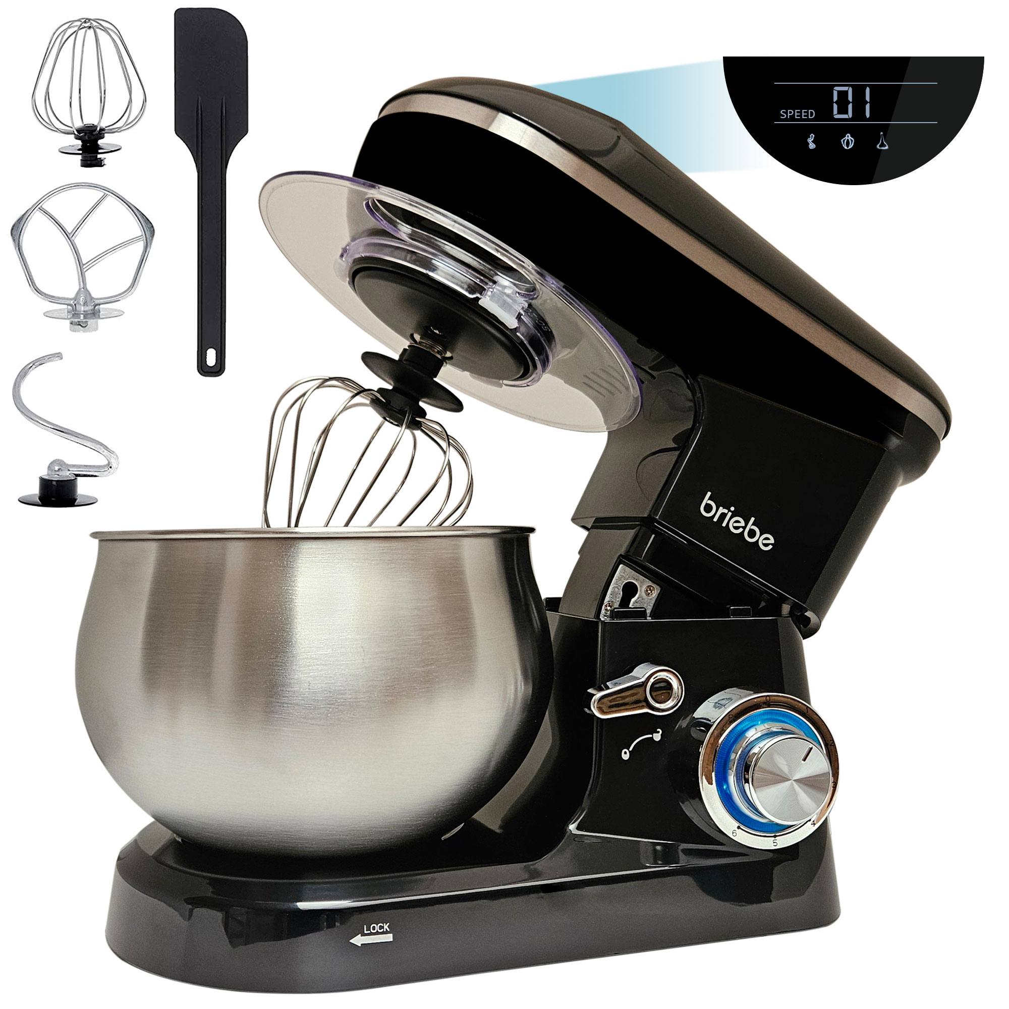 Briebe KM1164 Batidora Amasadora Repostería Profesional Cocina Orbital 5L, 6 Velocidades + Pulso Pantalla LED, 1800W, Negro
