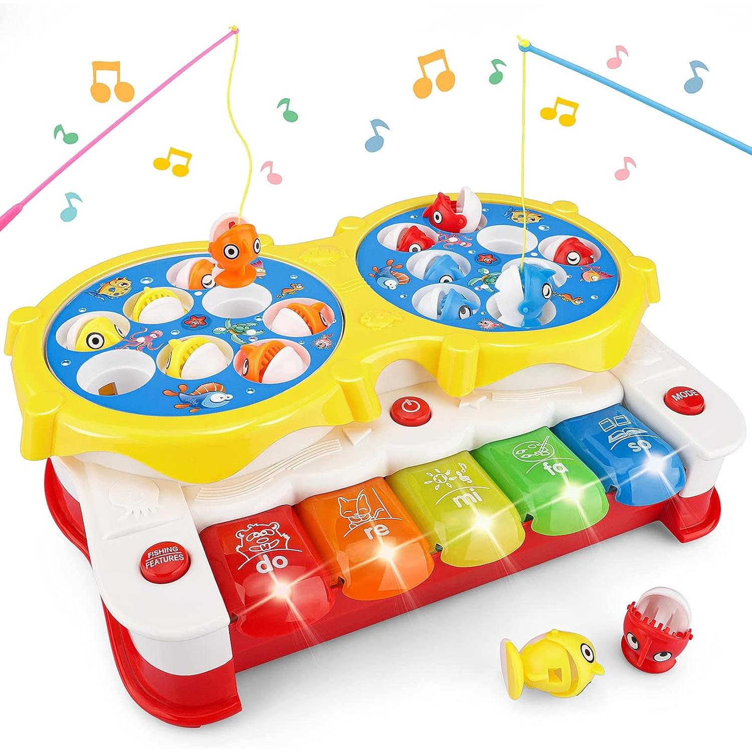 Jueguete con musical, Aparatos con teclas de Piano, Juego de Pesca Niños, 5 en 1 Juego Pescar Peces con Musical, Montessori Juguete de Pesca Mesa Educativo Preescolares, Regalo Cumpleaños Navidad Reyes 3 4 5 6 7 8 Años