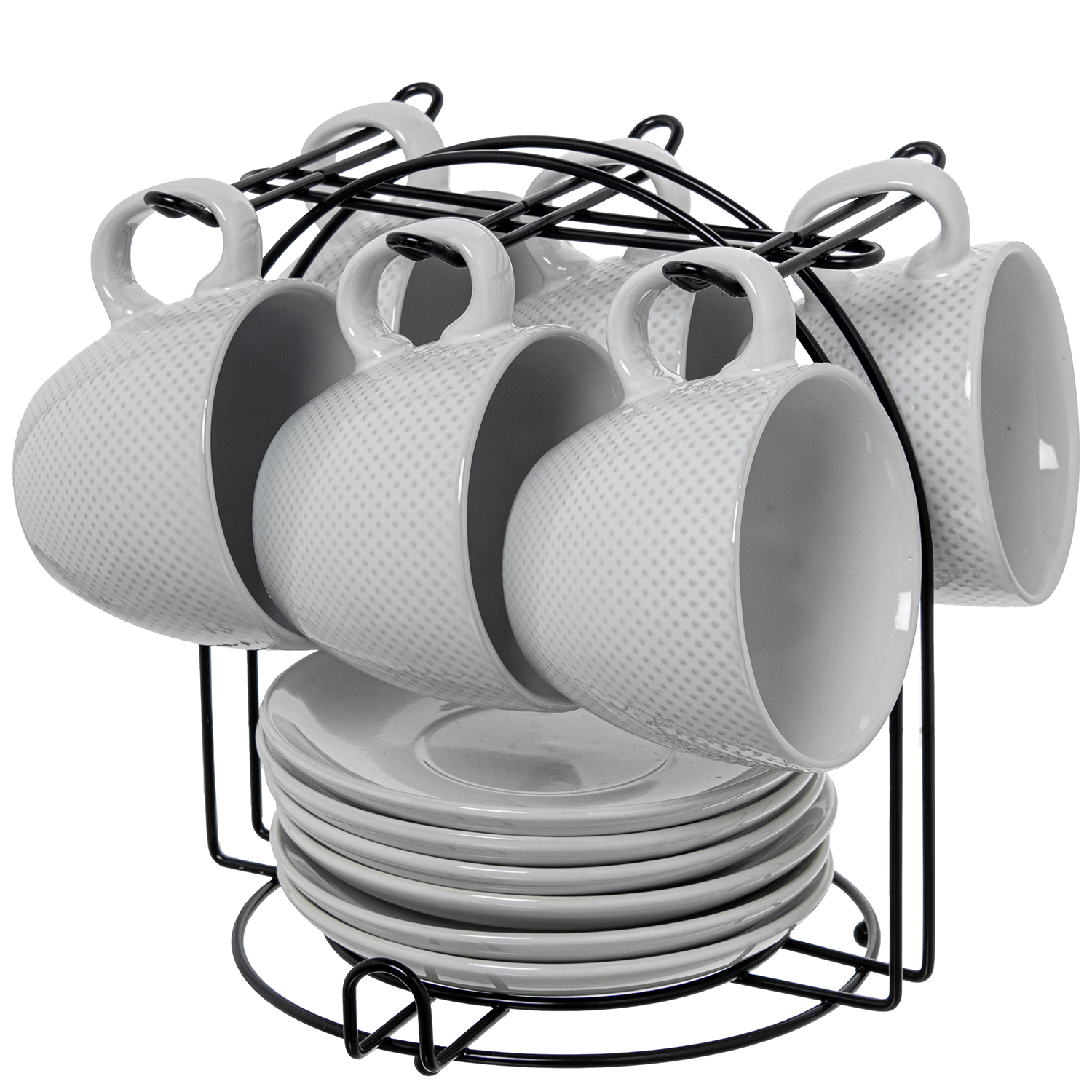 Set 6 tazas te con plato ceramica blanca con soporte metal negro taza: 207ml 9x8cm plato: 14cm
