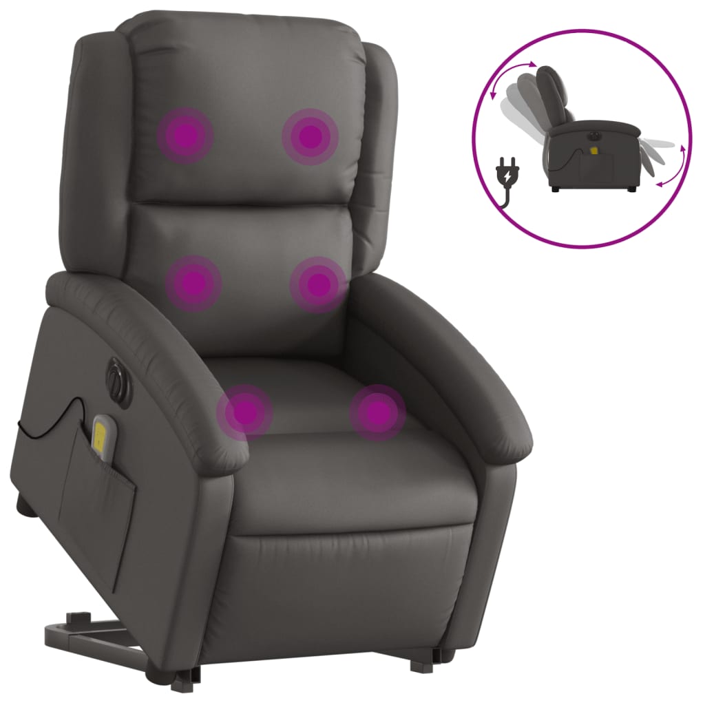vidaXL Sillón reclinable masaje eléctrico de pie cuero auténtico gris
