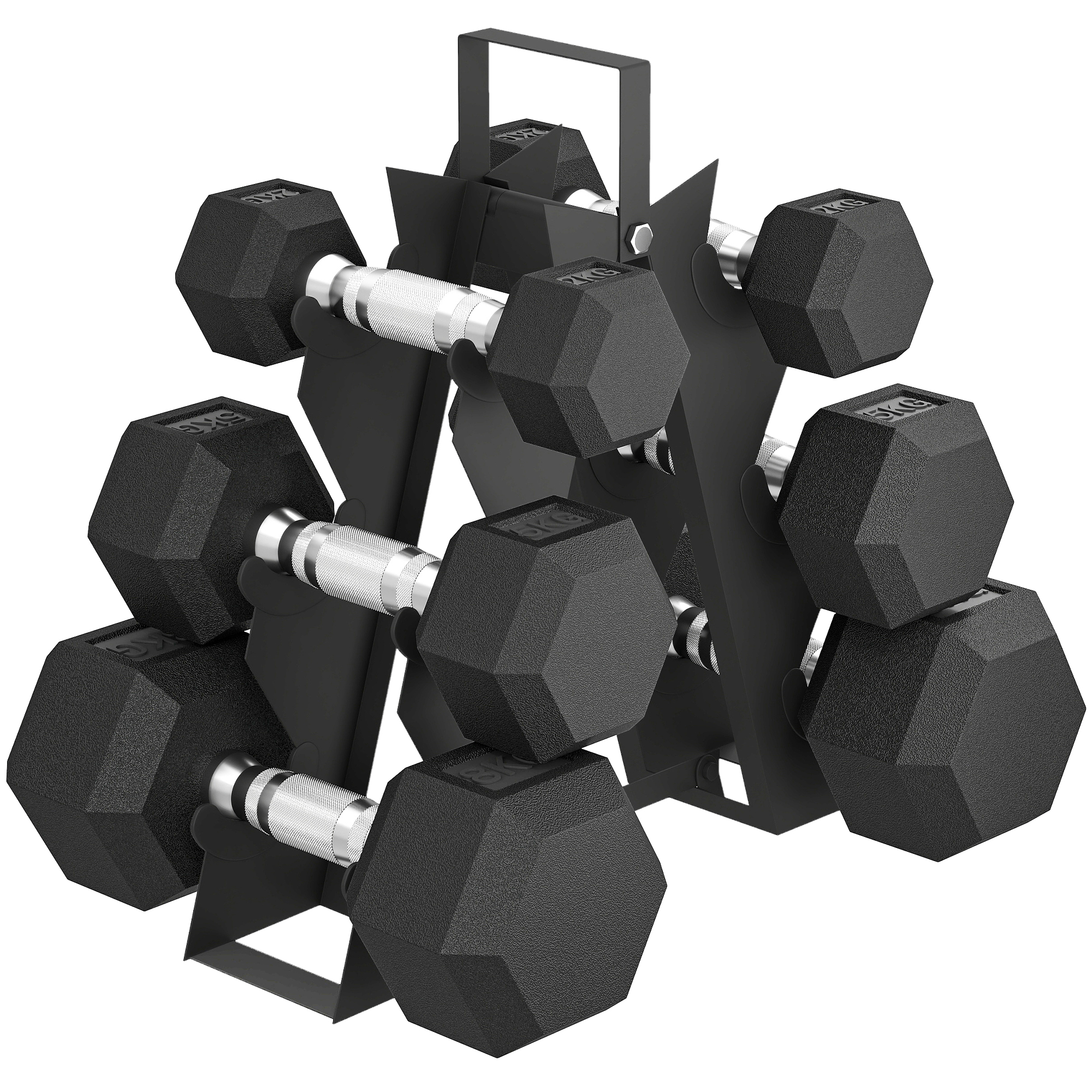 SPORTNOW Juego de Mancuernas de 6 Piezas 2 x2 kg 2 x5 kg 2 x8 kg Mancuernas Hexagonales con Revestimiento de Goma Antideslizante y Soporte de Almacenamiento para Entrenamiento en Casa Gimnasio Negro