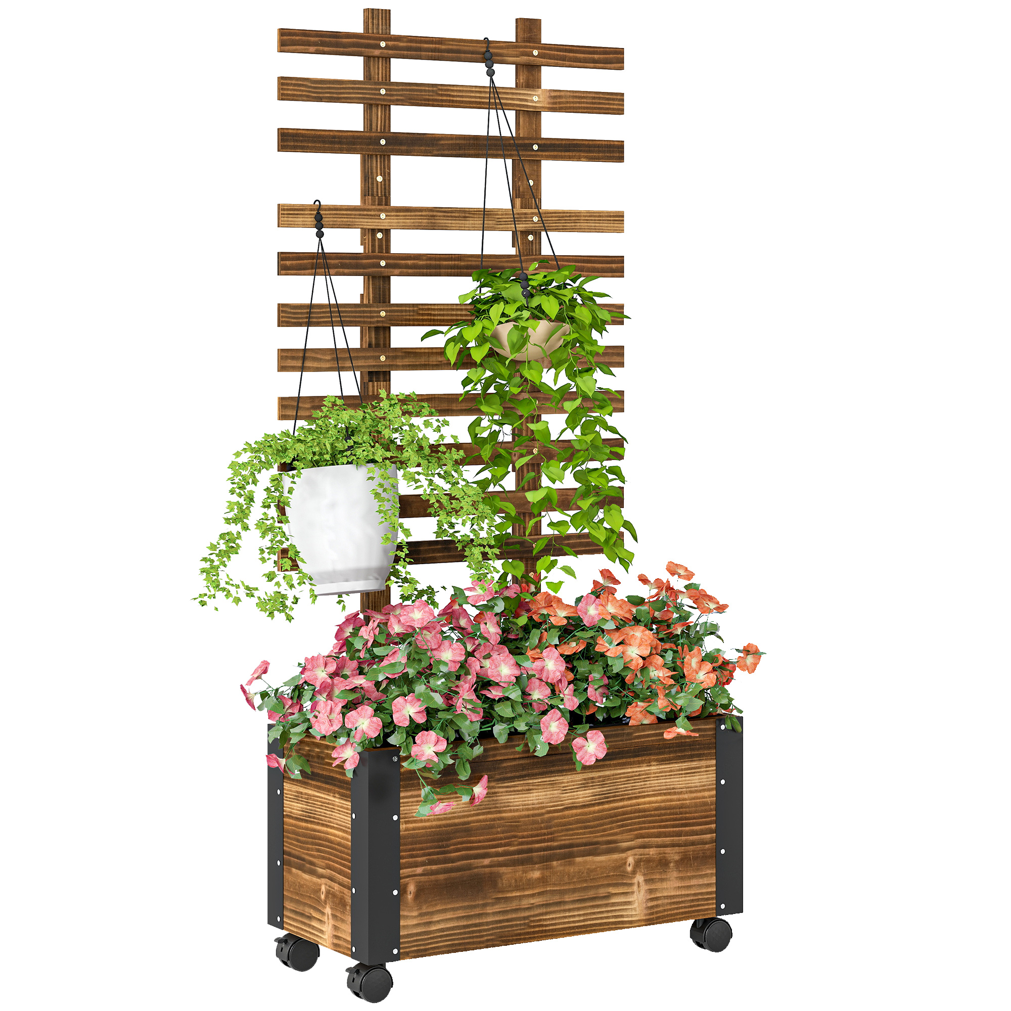 Outsunny Jardinera Exterior Grande de Madera Jardinera con Celosía para Plantas Trepadoras Tela no Tejida Ruedas y Esquinas Metálicas de Doble Capa para Patio Terraza 65x31x147 cm Carbonizado