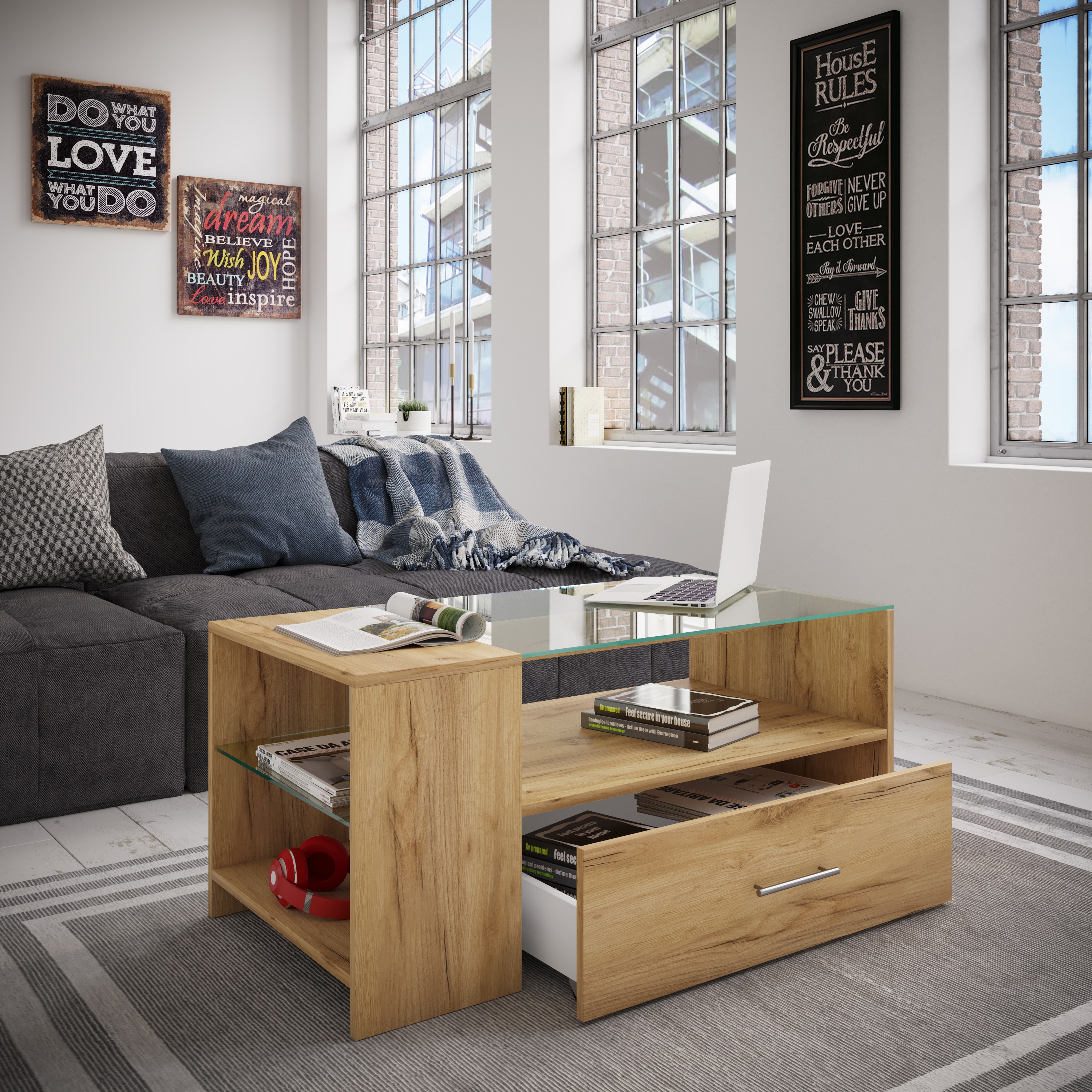 Mesa de centro de madera Mesa de sofá Mesa de salón Mesa auxiliar Cajón de cristal Tindala Mesa de centro de madera Mesa de sofá Mesa de salón Mesa auxiliar Cajón de cristal Tindala