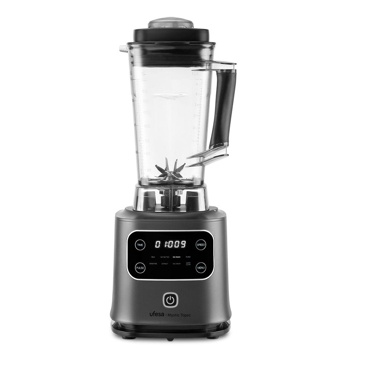 Ufesa - Batidora de vaso Mystic Topaz 2L con 2000W de potencia, 6 cuchillas de acero inoxidable para hielo y alimentos duros, jarra graduada de tritan resistente y 8 programas automáticos para batidos, purés y helados