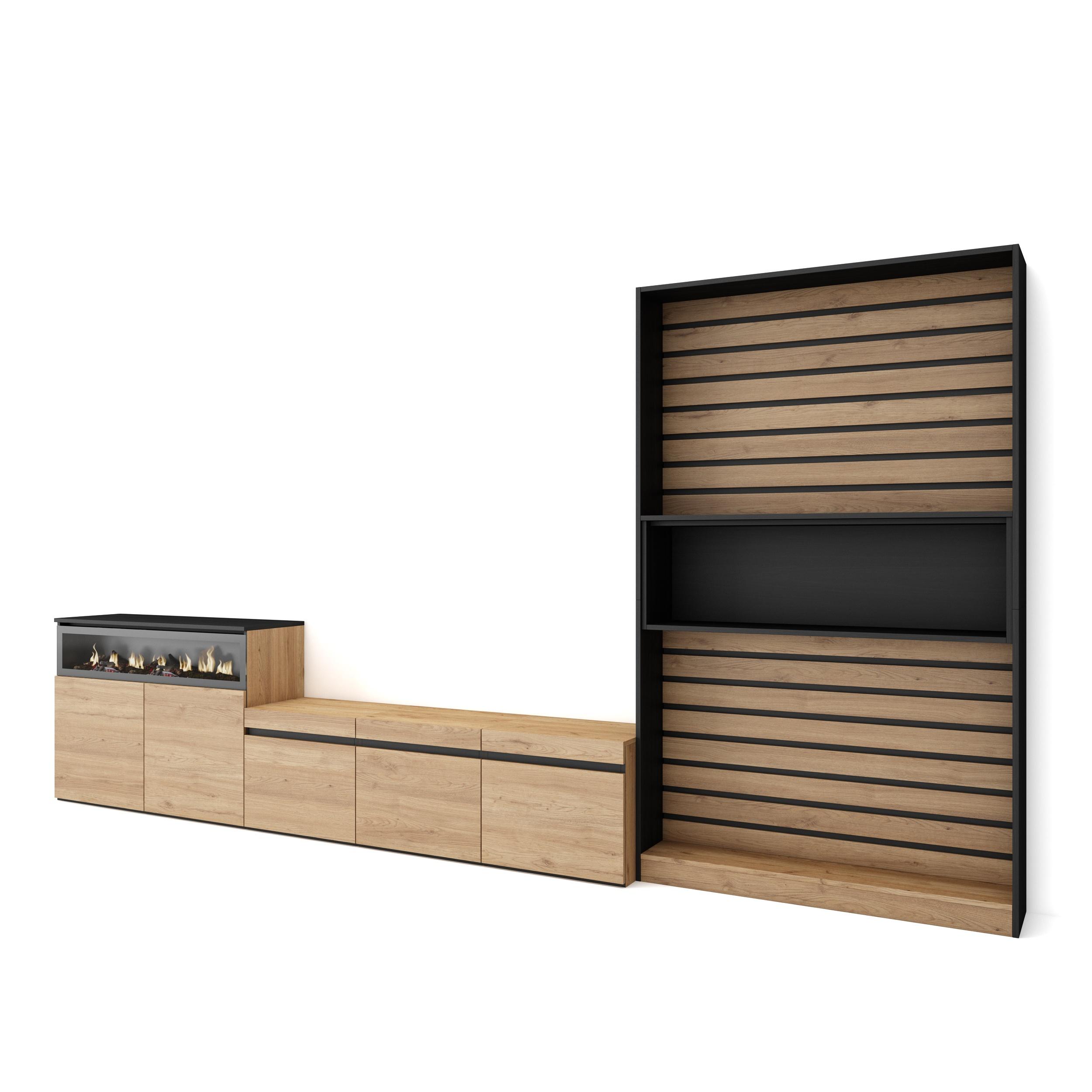 Skraut Home, Conjunto de muebles de Salón, Estantería, Mueble TV con tres puertas, Aparador con dos puertas y Fuego led efecto 3d, 360x35x186cm