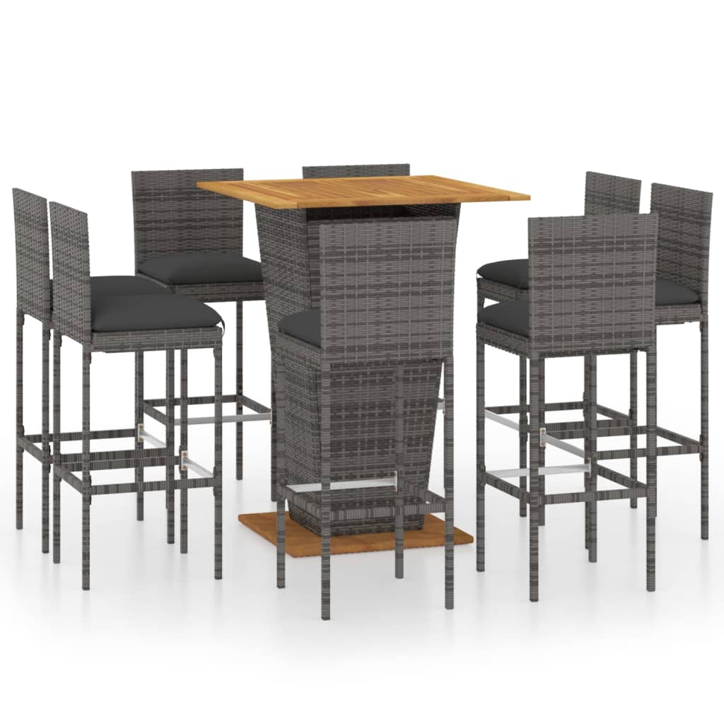 vidaXL Set de muebles de bar de jardín 9 pzas y cojines ratán PE gris