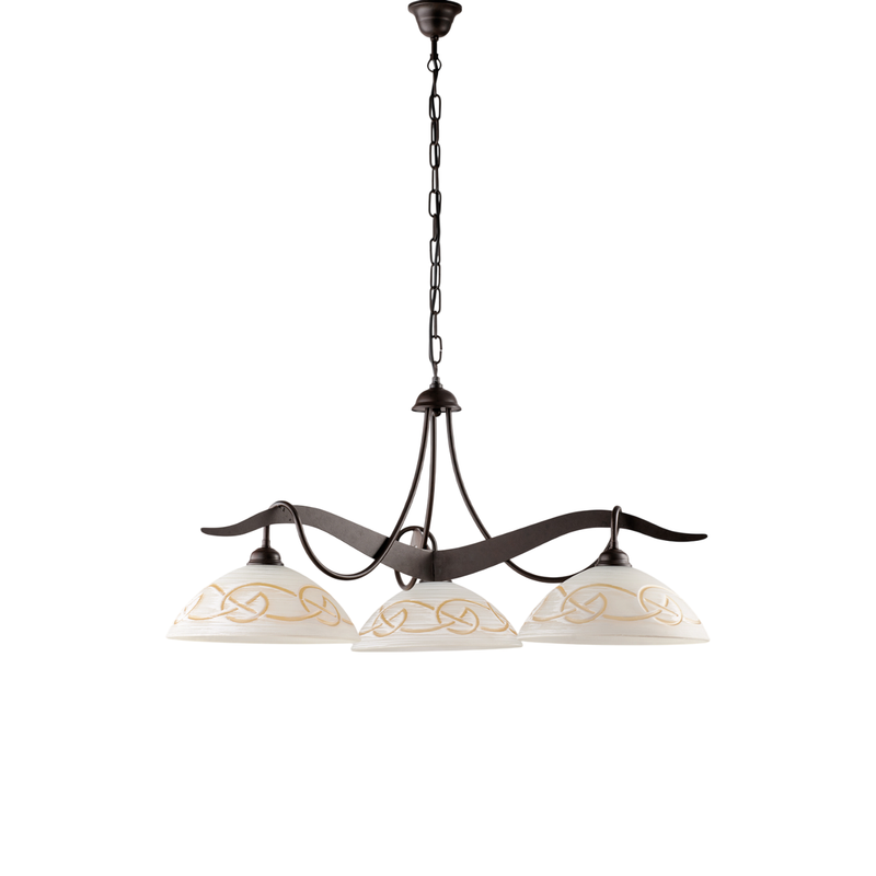 Bilbao - Lámpara de hierro lacado en negro con decoración. Efecto óxido y difusores de cristal d. 30 blanco y ámbar 3 luces 106 - Ø89 - Belight