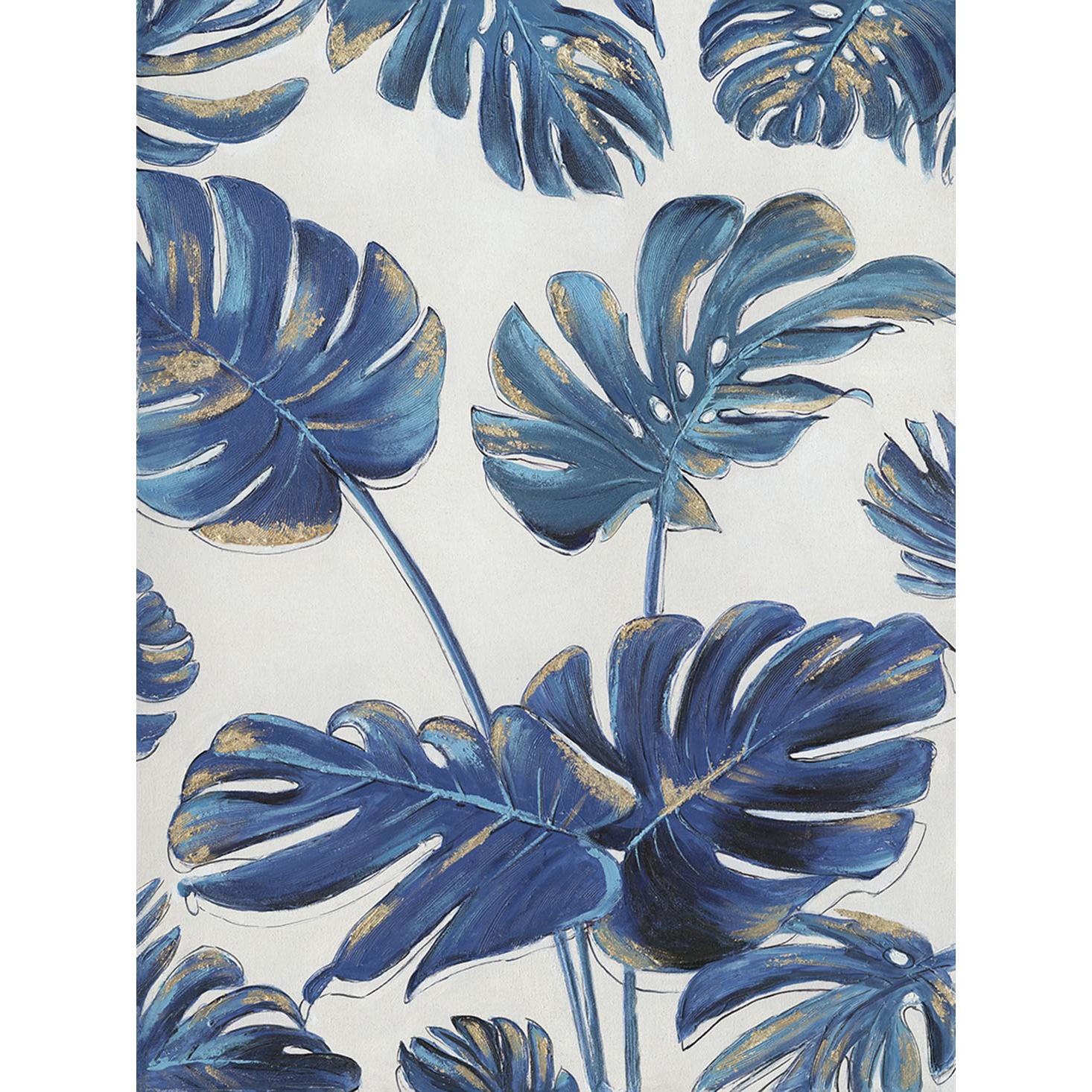 Hispanohogar Cuadro en Lienzo Pintado Al óleo, Hojas Tropicales Azules, Decoración de Pared