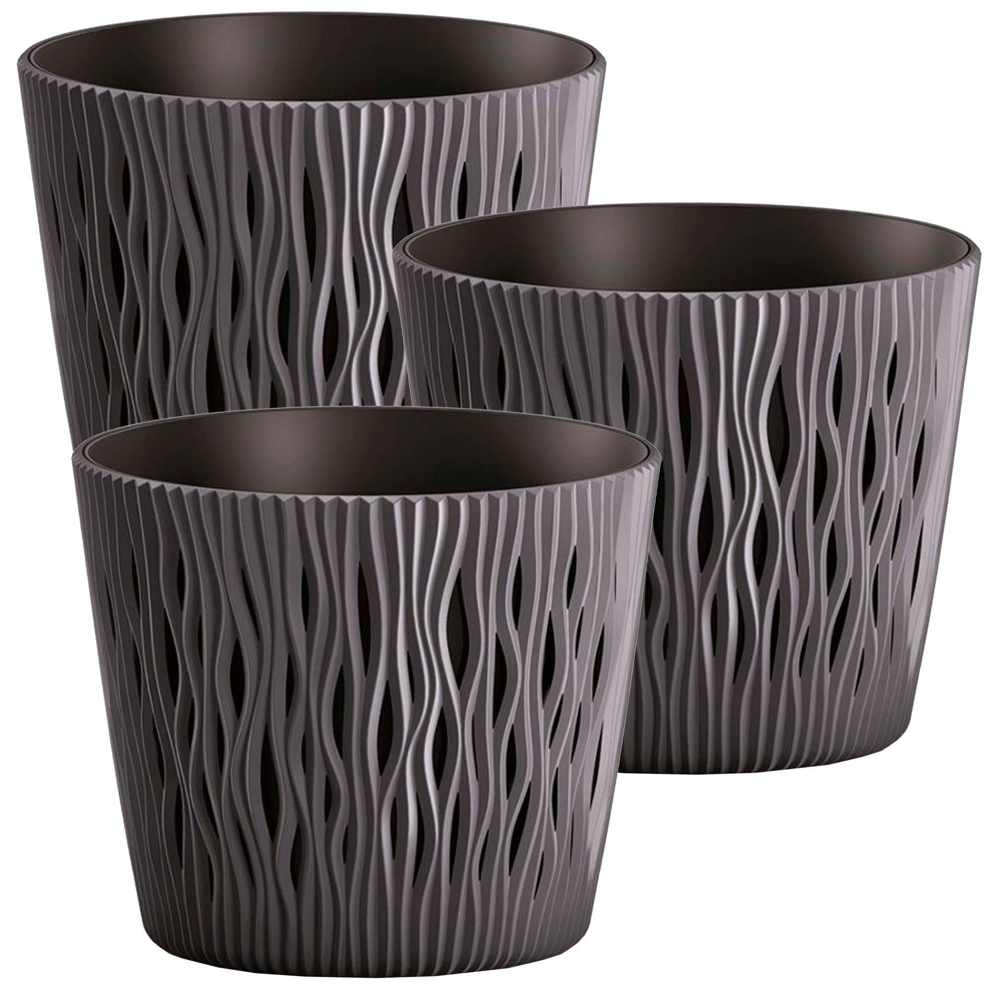 WELLHOME Pack 3 macetas redonda de plastico Sandy Round en color antracita 18,9 (largo) x 18,9 (ancho) x 16,5 (alto) cm