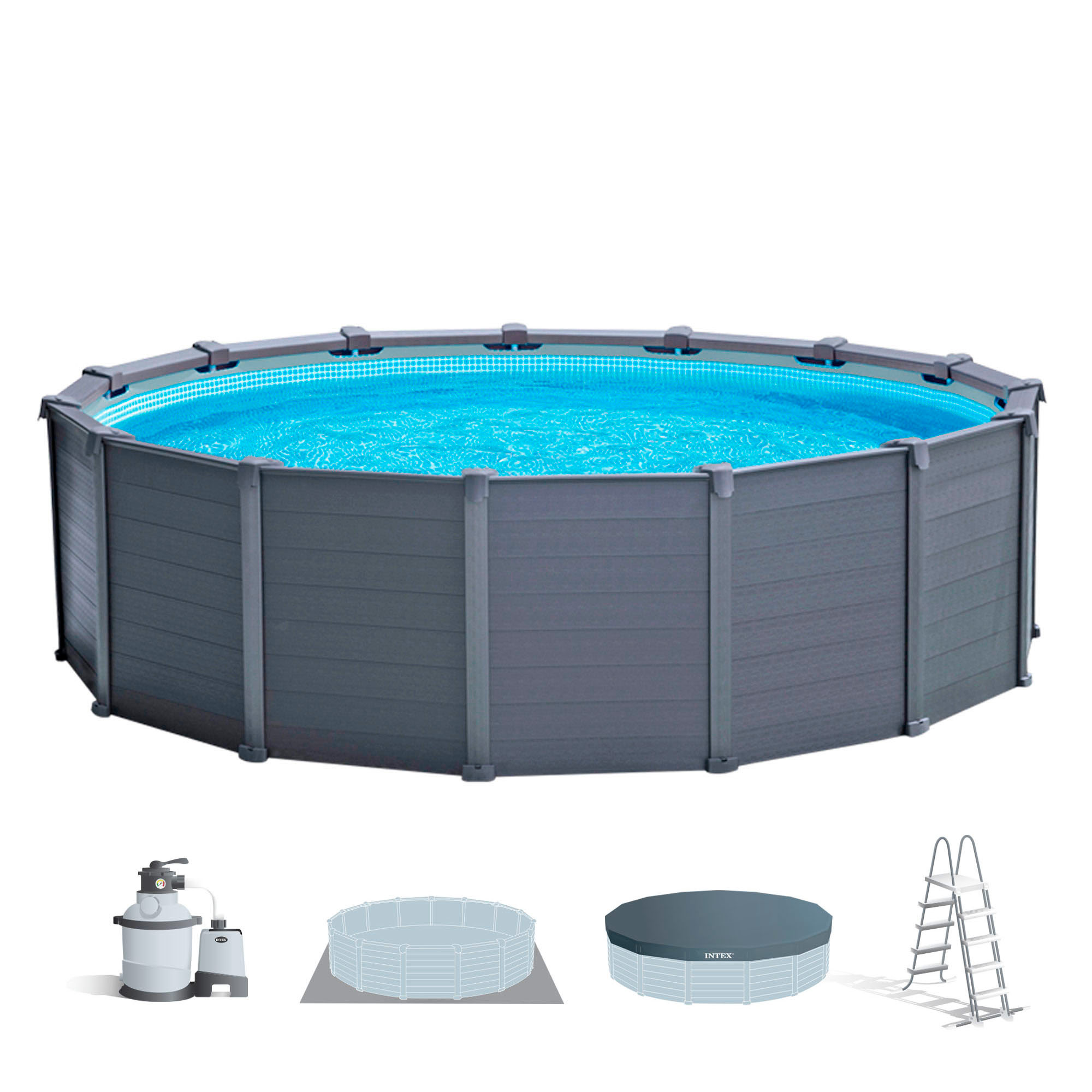 INTEX - Piscina redonda desmontable, D478x124 cm, paneles de grafito, lona tricapa PVC-poliéster, escalera, tapiz, cobertor, depuradora de arena incluida, capacidad para 16.805 litros, conexión Ø38 mm, piscinas circulares