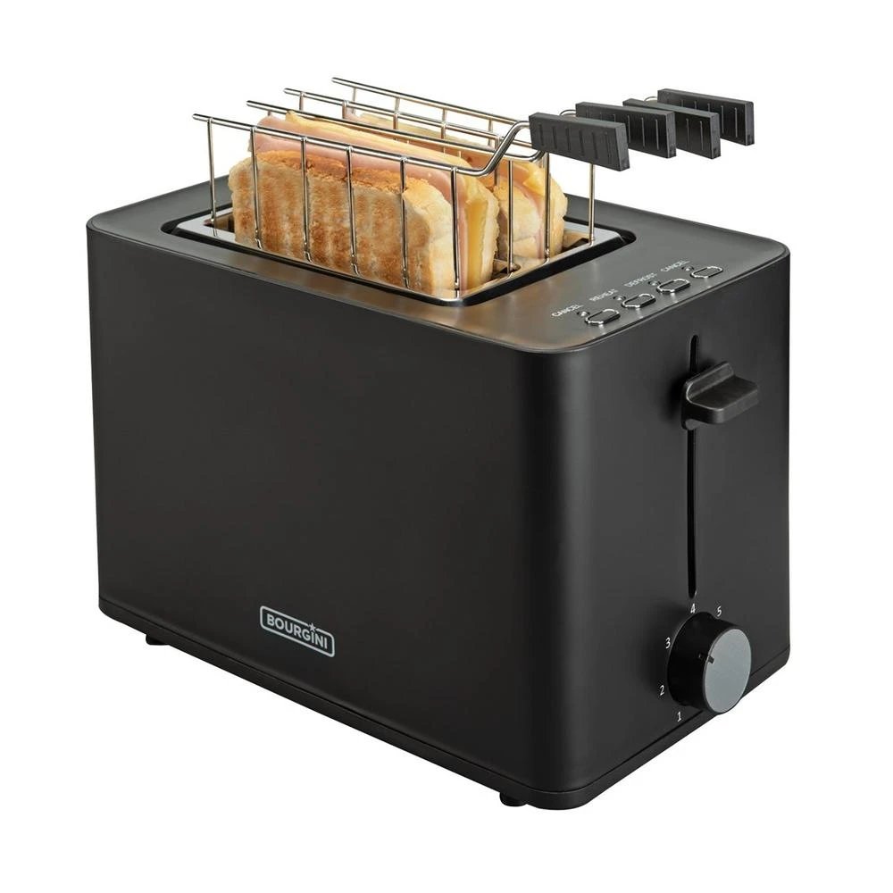 Bourgini - Tostadora 140402 con 2 ranuras para sándwiches y pan congelado, potencia 850 W, diseño negro mate compacto de 20x32x22 cm y 1 kg