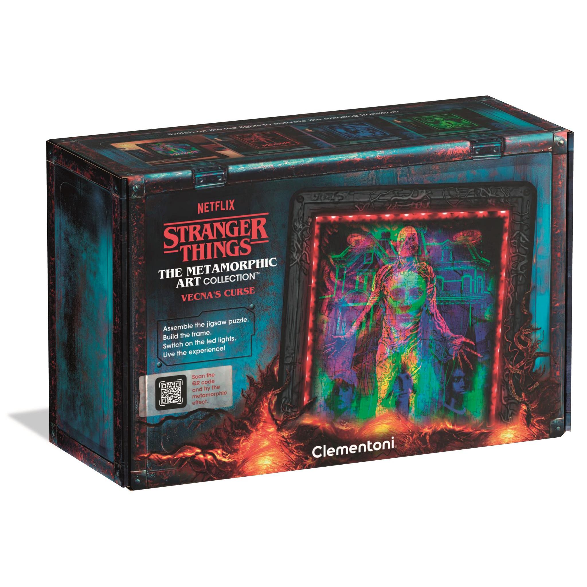 Clementoni - Puzzle Stranger Things Vecna's Curse - Rompecabezas 520 Piezas con Luz LED Morphing, Escena que Cambia de Imagen con Vecna, Max y Eddie Temporada 4 - A Partir de 10 Años - Fabricado en Italia